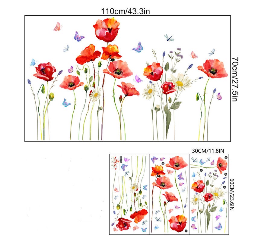 Sticker mural coquelicot fleur rouge Stickers muraux plantes papillon Stickers muraux chambre salon cuisine décoration murale - 4