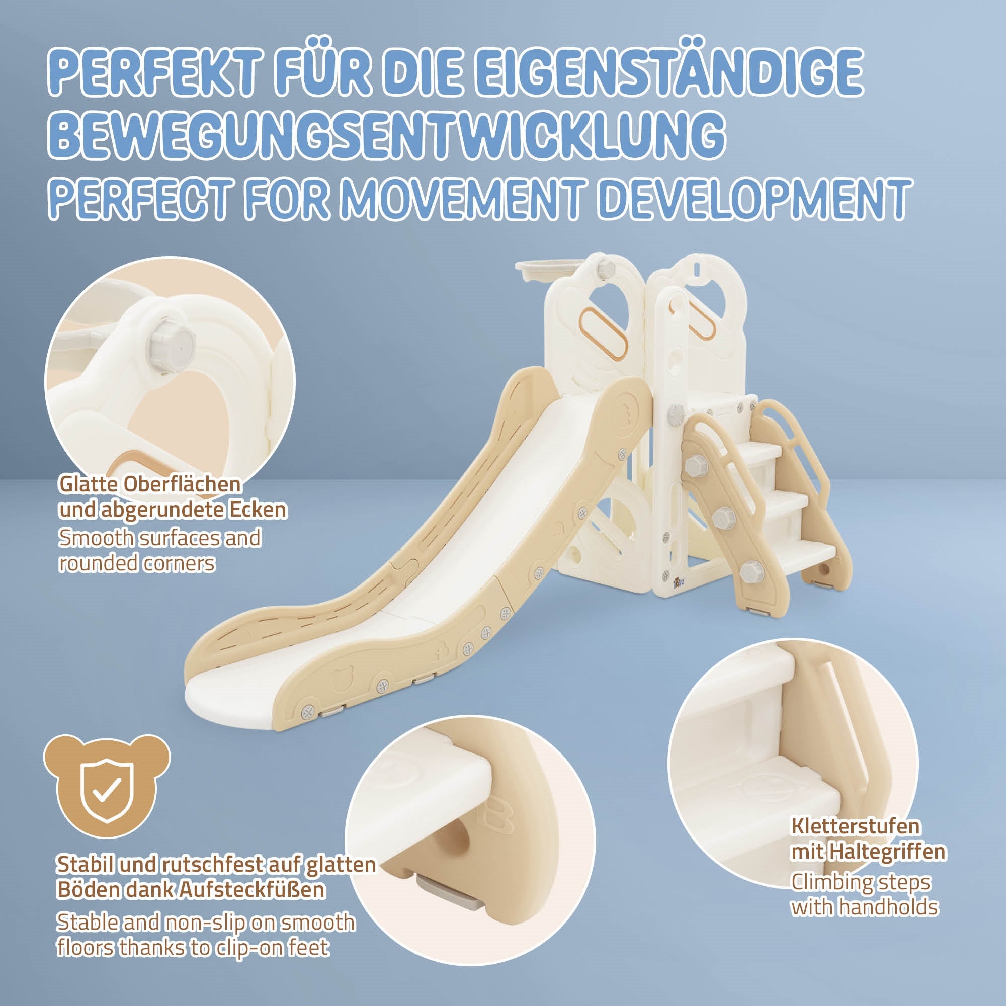Toboggan pour enfants avec panier de basket-ball en plastique HDPE/PP blanc/beige/gris ballon et pompe à air inclus convient à partir de 3 ans - 3