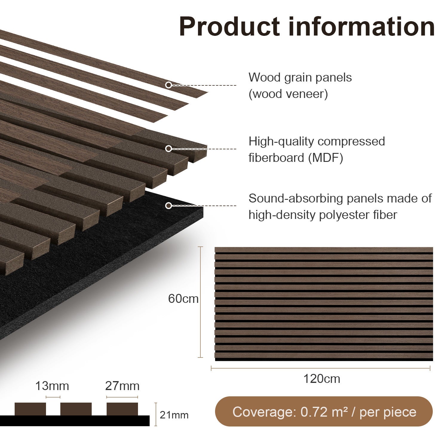 Lote de 1 paneles acústicos autoadhesivos para pared listones MDF madera moderna 120x60x2,1 cm Panel MDF chapado en madera nogal - 2