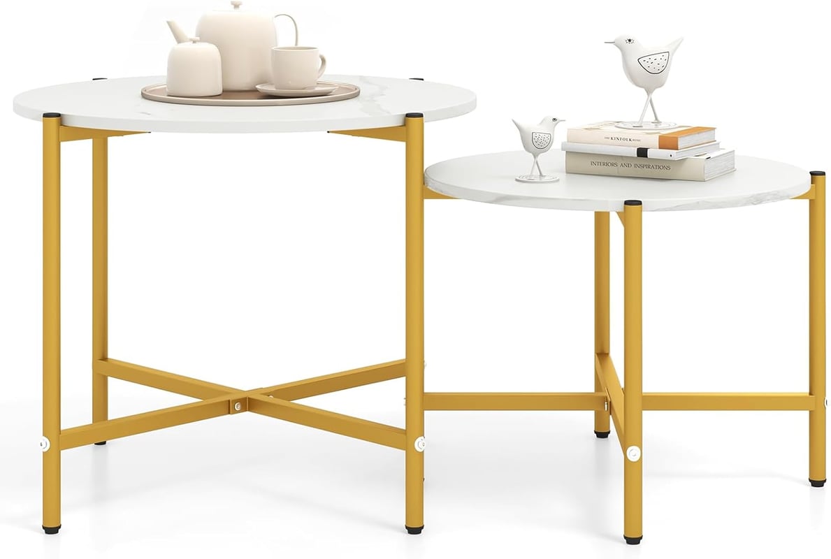 Okrągłe Stoliki Kawowe, Zestaw 2 Stolików Kawowych z Imitacją Marmuru i Blatem Imitującym Drewno, Salon 65 × 51 cm, 55 × 41 cm, Obciążenie 90+60 kg