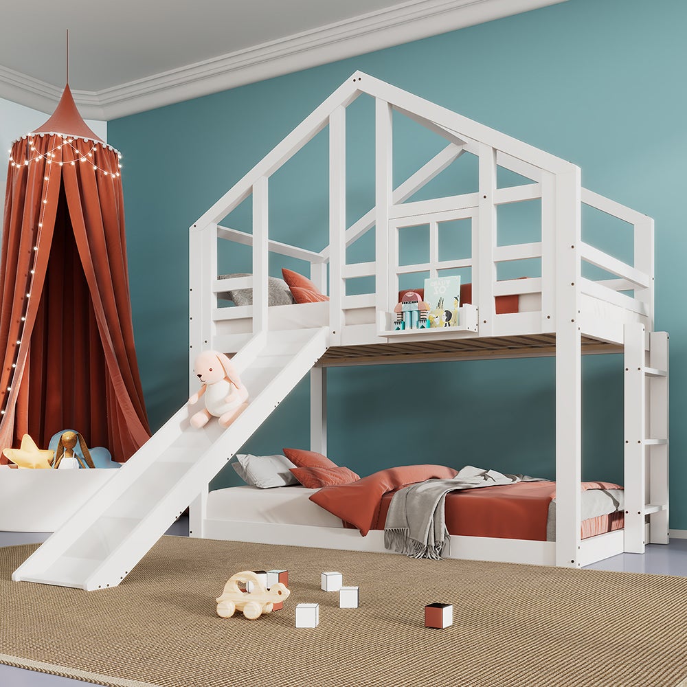 Cabane dans les arbres pour lit d'enfant avec toboggan et échelle 90 x 200 cm, lit mezzanine pour enfant - 2x sommier à lattes - blanc