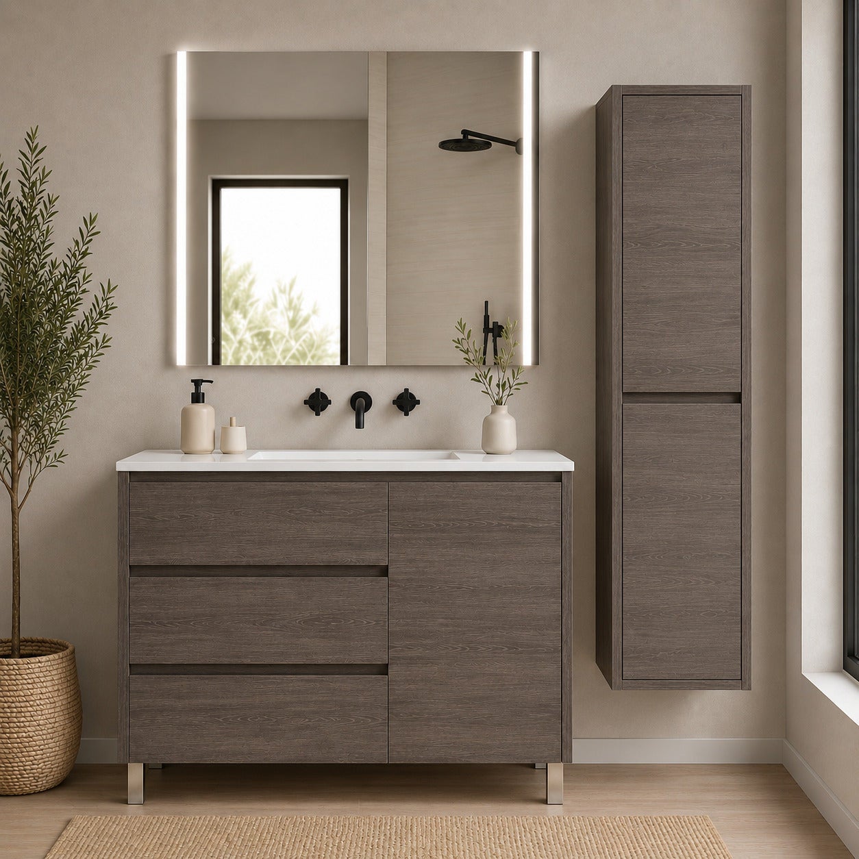 Mobilier de baie con 3 cajones, puerta y lavabo ORIGENBATH VOLUM fără oglindă 100x40 cm stejar smoky cu coloană