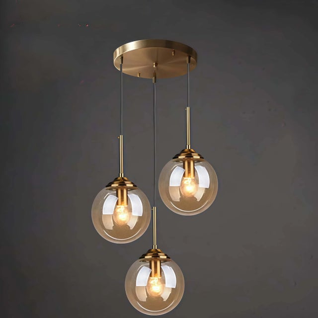 Suspension rétro de style industriel en laiton — Globes en verre ambré, suspension en grappe, douille E27 (ampoules non incluses)