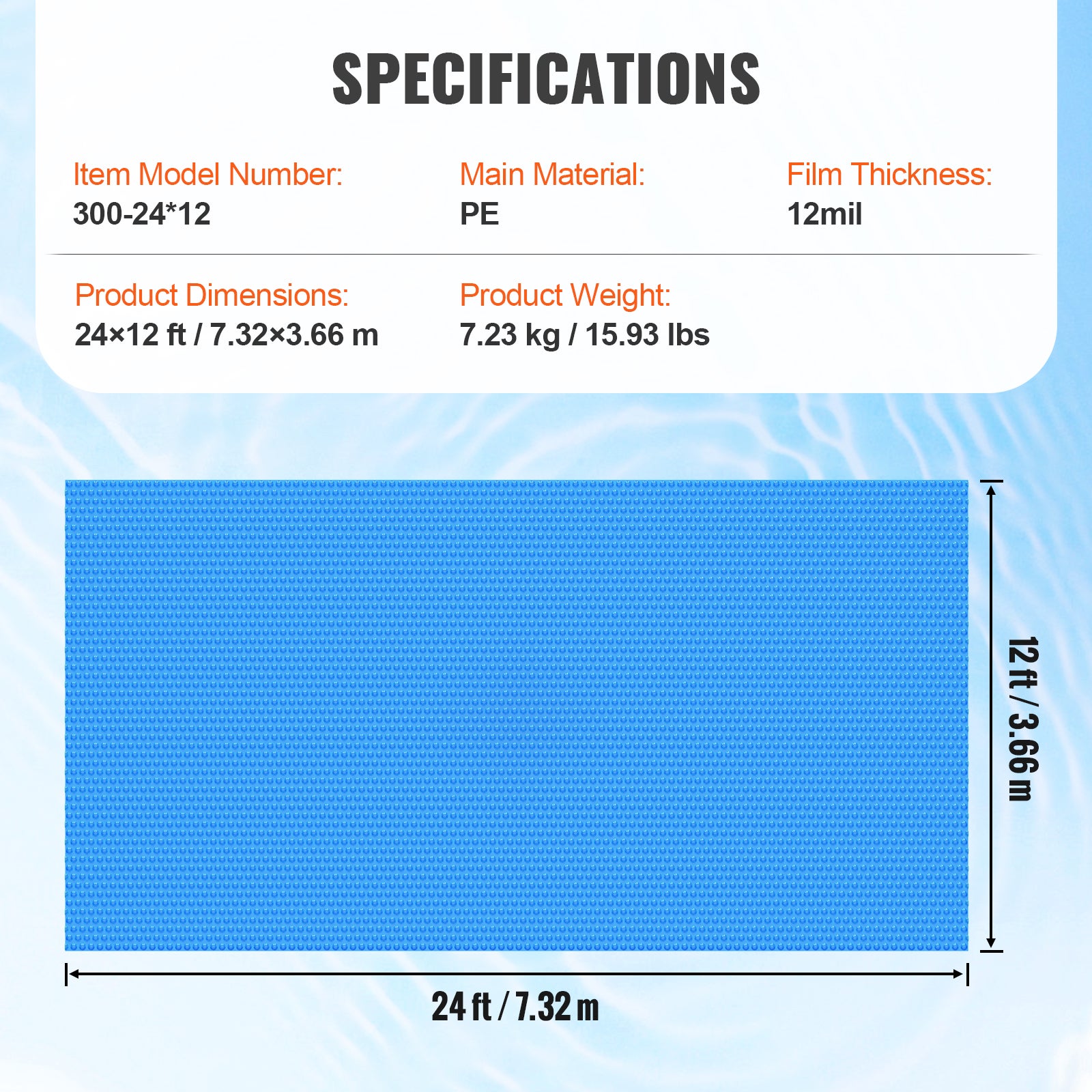 Cobertor Solar Piscina,VEVOR 7,32 x 3,66 m,Cobertor Solar Piscina Rectangular,Espesor 0,3 mm,Protección Piscinas Agua Caliente sobre el Suelo,Azul - 7