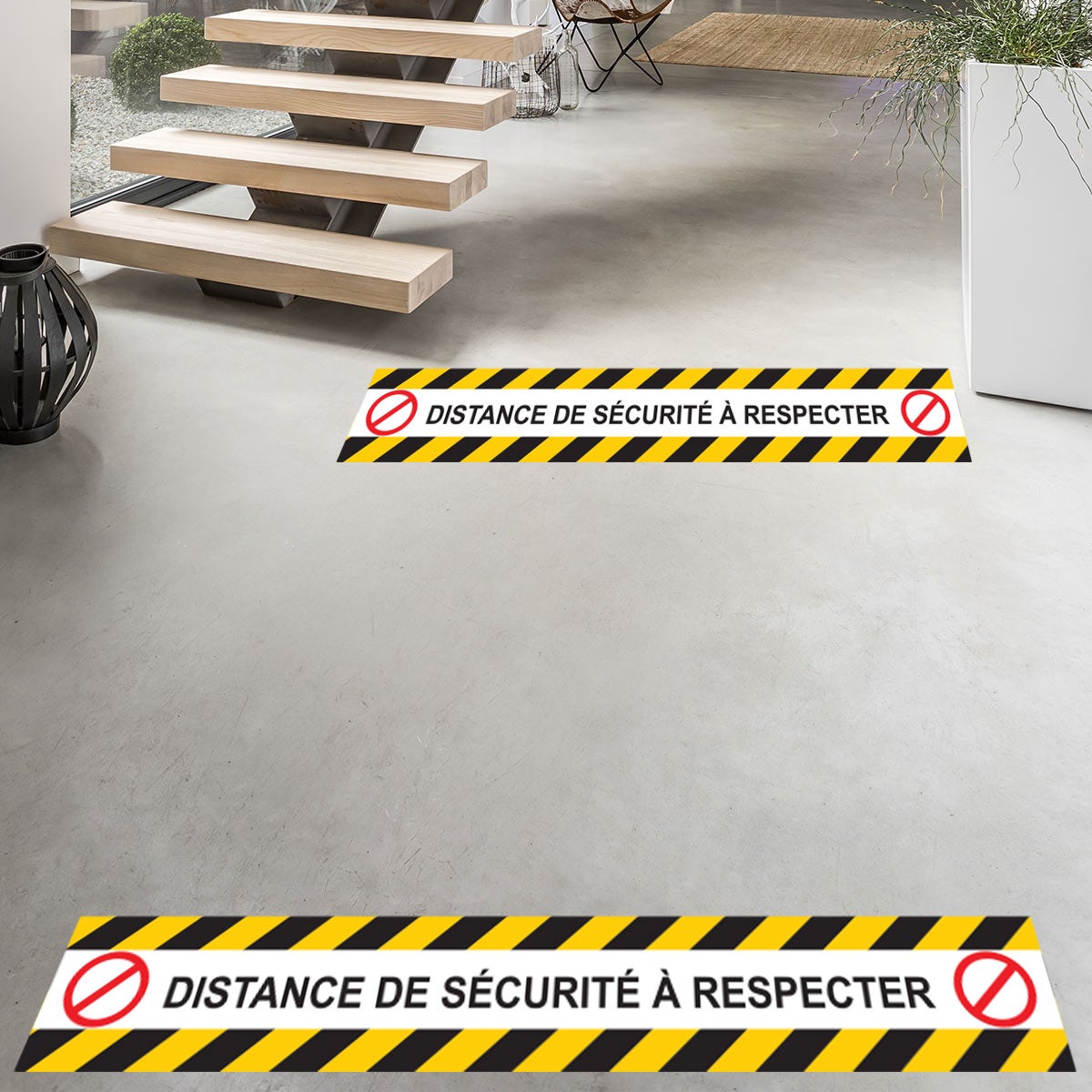 Vinilo suelo 6 de rayas covid-19 distance de sécurité à respecter - adhesivo pared - sticker revestimiento - 1 adhesivo 60cmx60cm-6bandesde10cmx60cm