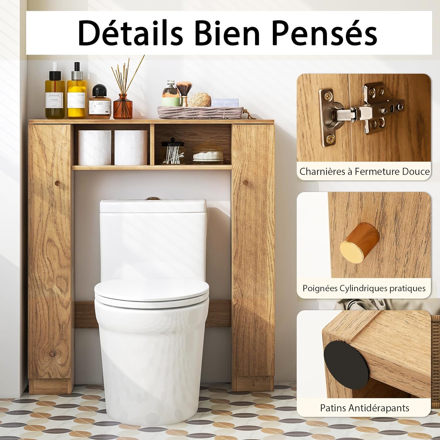 Meuble WC Au-Dessus de Toilettes/Meuble de Rangement- 18 x 87,5 x 98 cm (Naturel) - 3