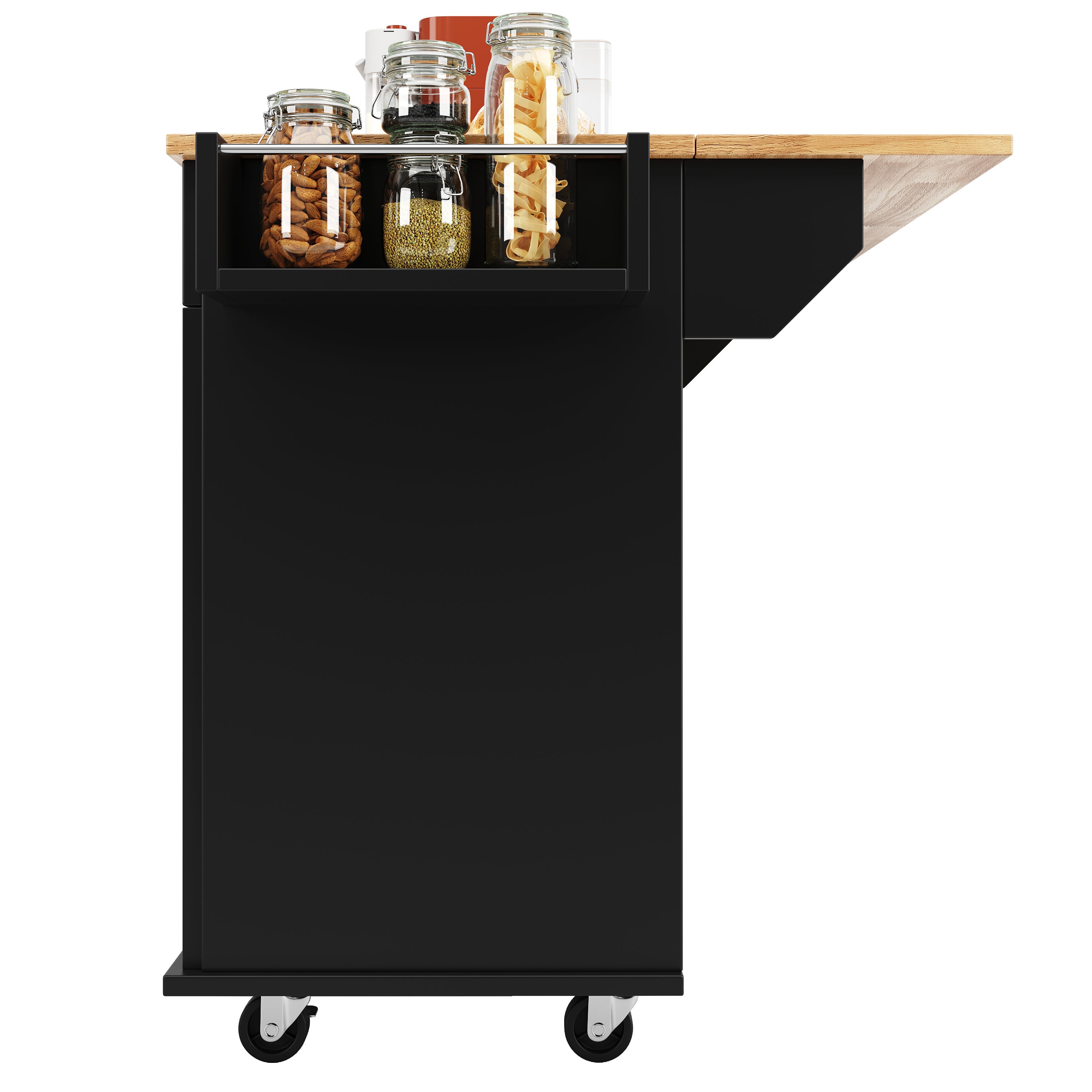 Ilot central de cuisine - chariot à roulette avec plateau extensible - 2 tiroirs et 4 portes - Noir - 8