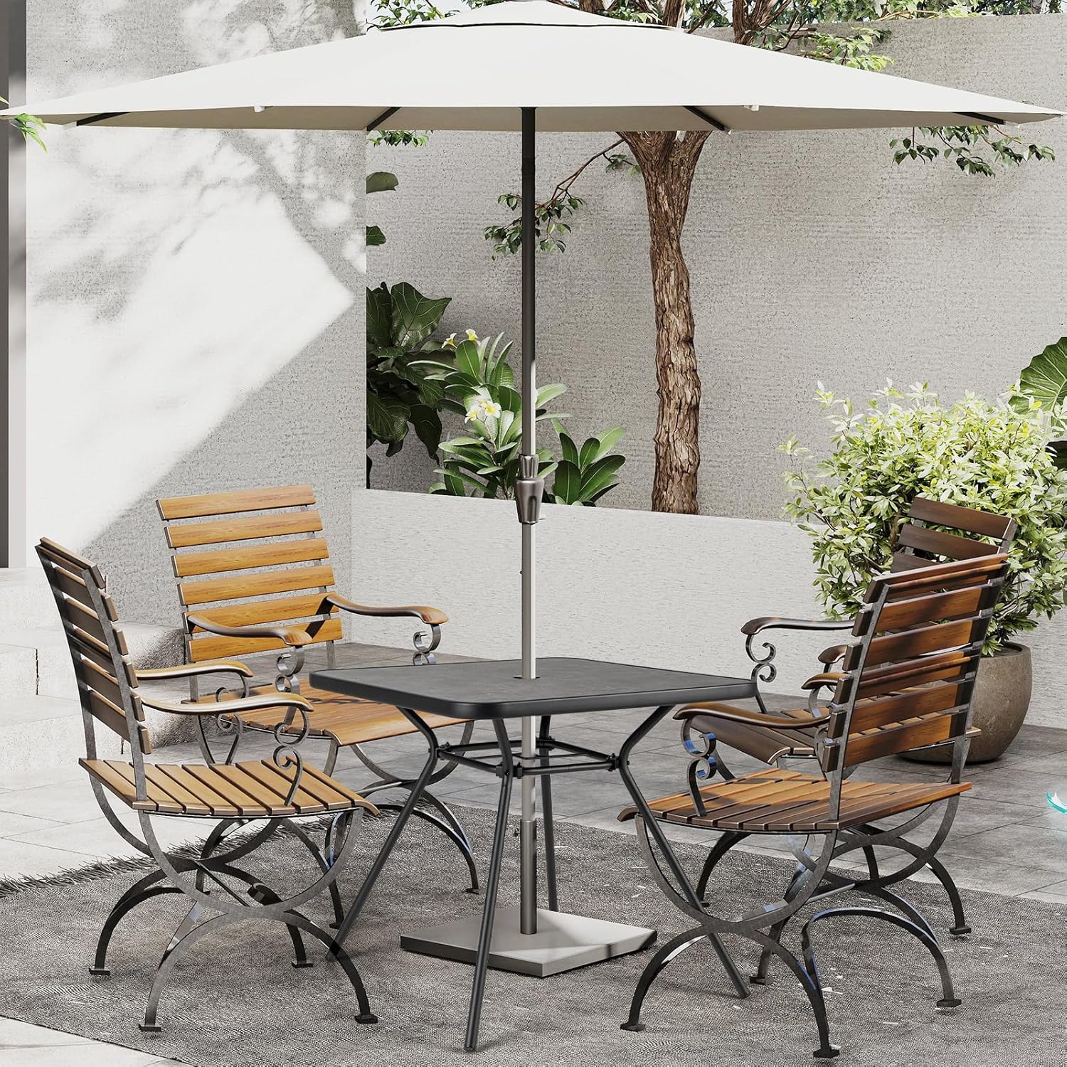 Table de Jardin Carrée 80 CM avec Trou de Parasol 4 CM, Cadre en Métal Robuste, Table Balcon Exterieur Style Moderne avec Dessus SPC, Charge 100KG - 2