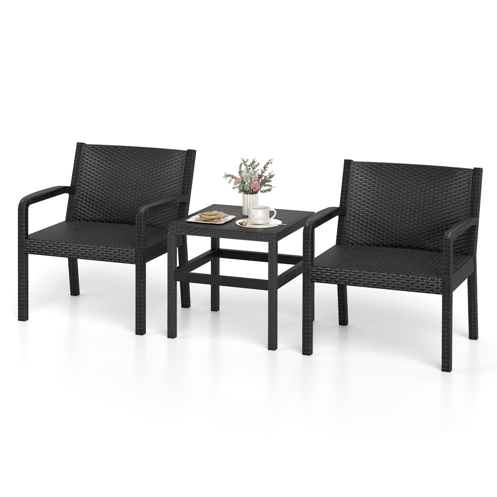 Set de mobilier de terasă din 3 piese, cu 2 scaune din ratan și o măsuță pătrată, mobilier din ratan pentru terasă și grădină, negru