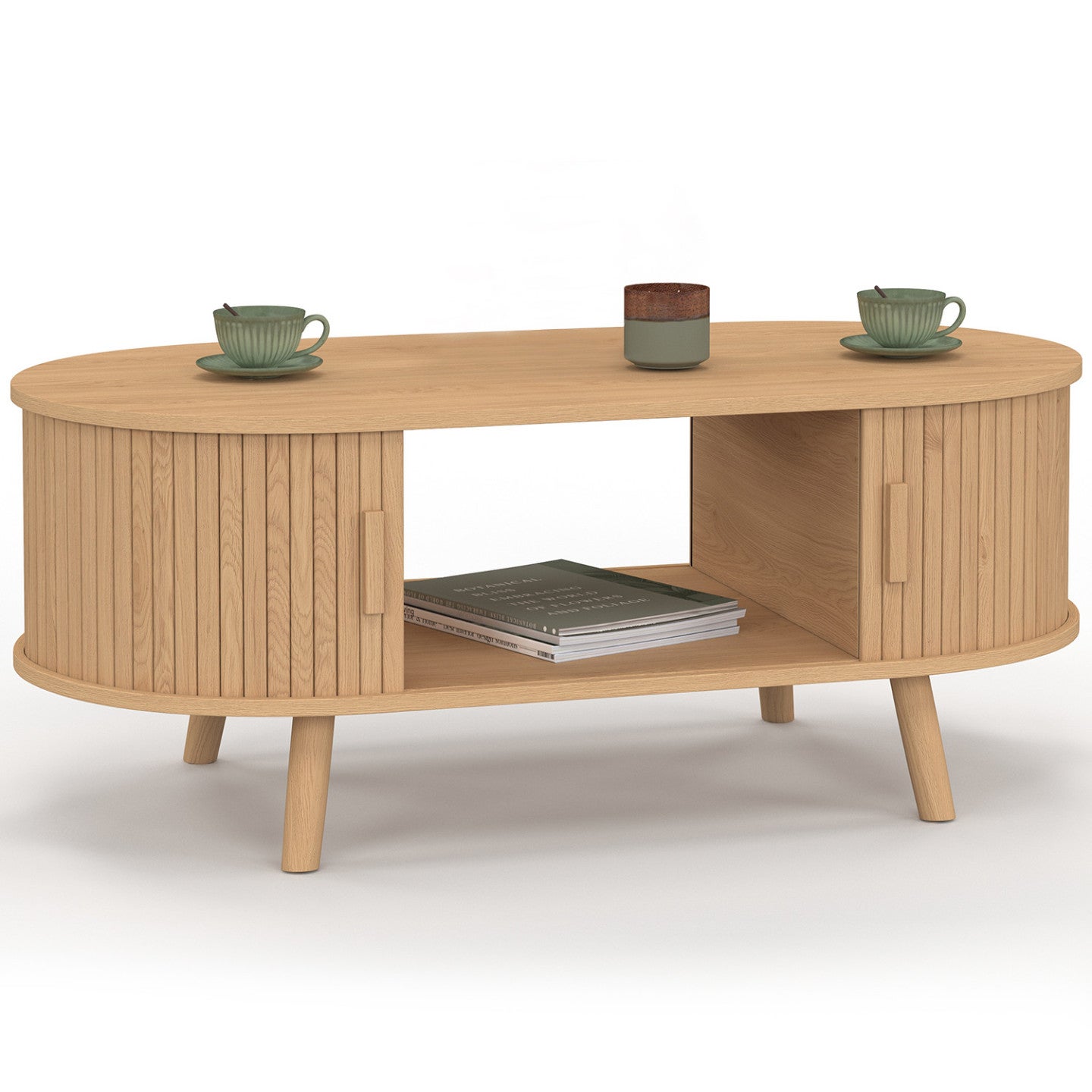 Table basse ovale ROMIE 100 cm 2 portes coulissantes lattes tasseau bois coloris chêne - 2