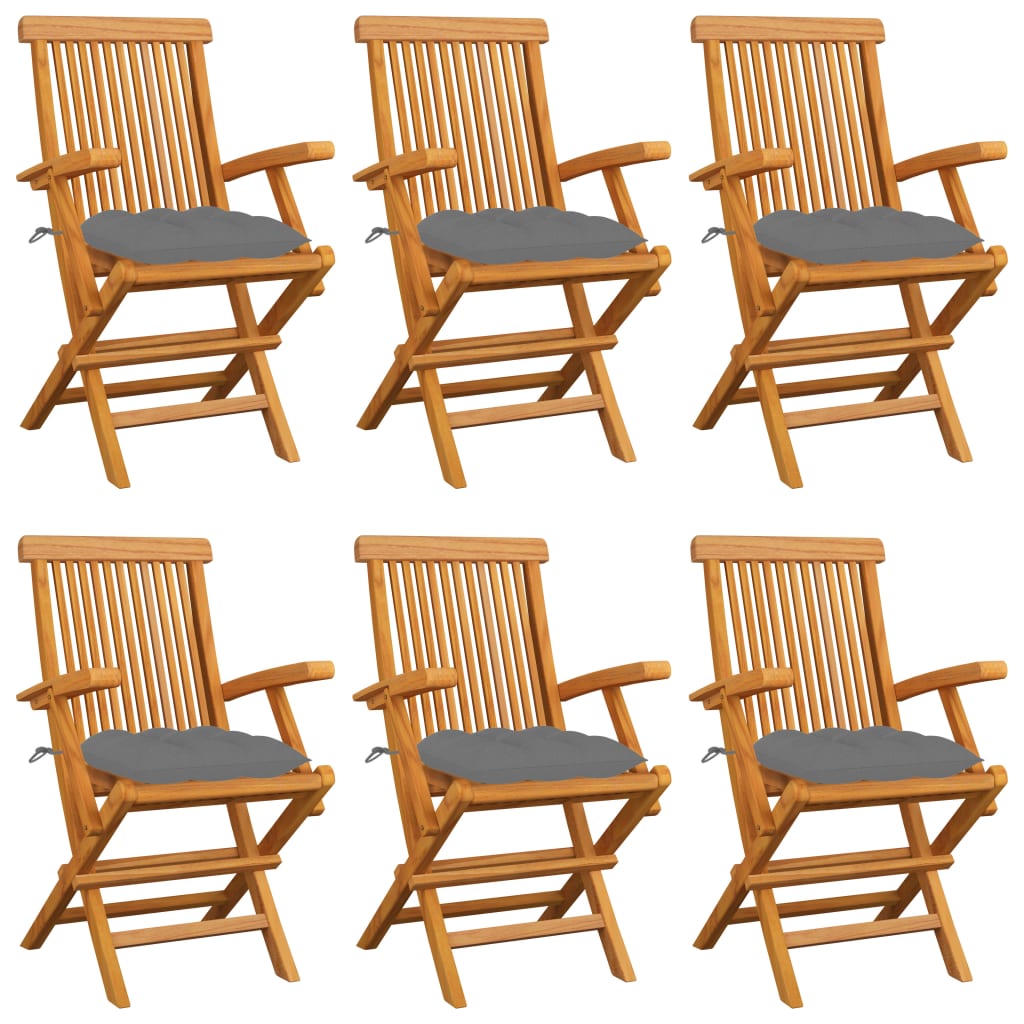 Chaises de jardin avec coussins gris 6 pcs Bois de teck massif - 2
