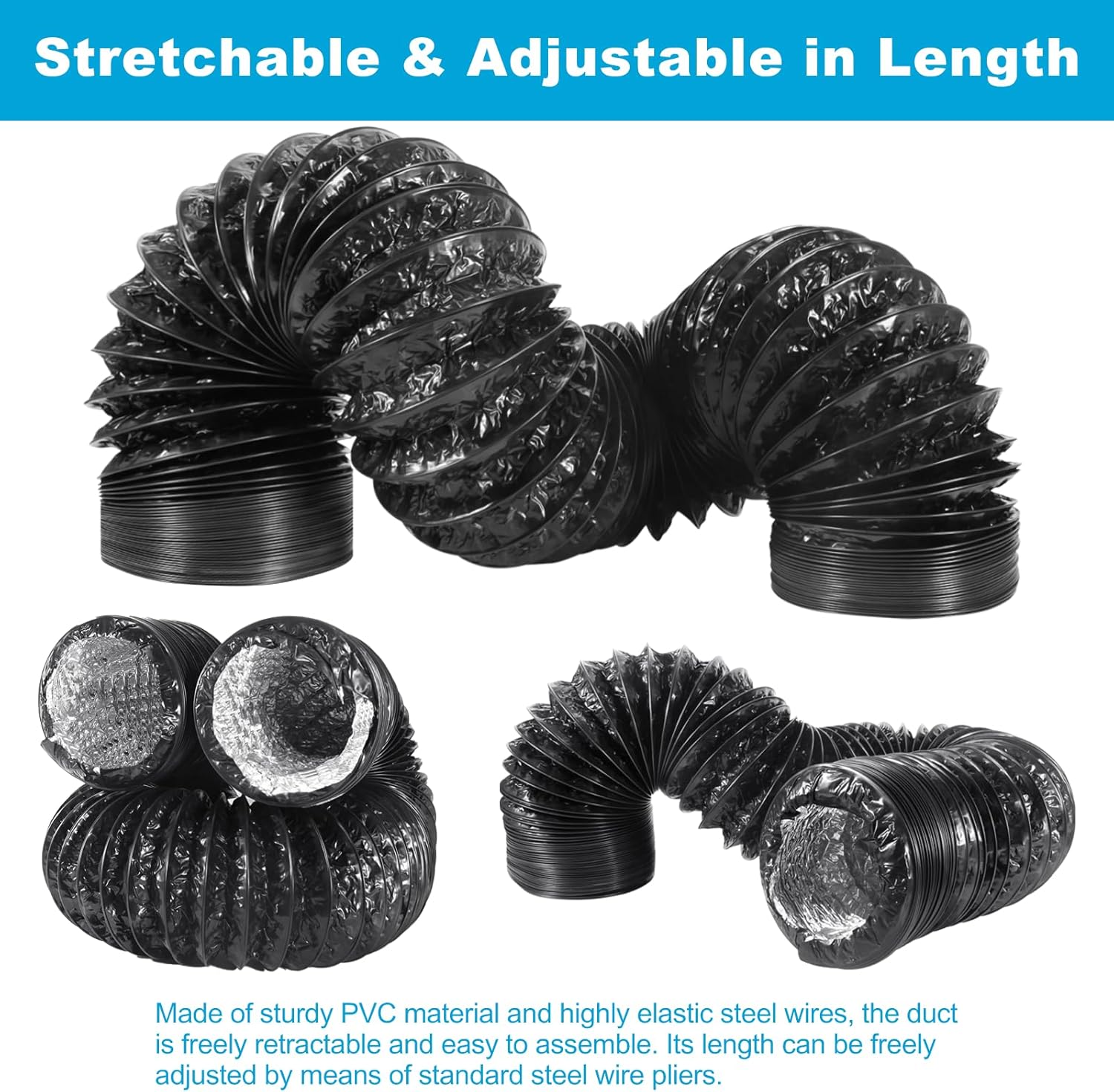 Tuyau Flexible Aluminium Ø150mm, Tuyau D'Évacuation D'Air PVC Tuyau Flexible Conduites D'Air Flexibles Noir Tuyau - 4