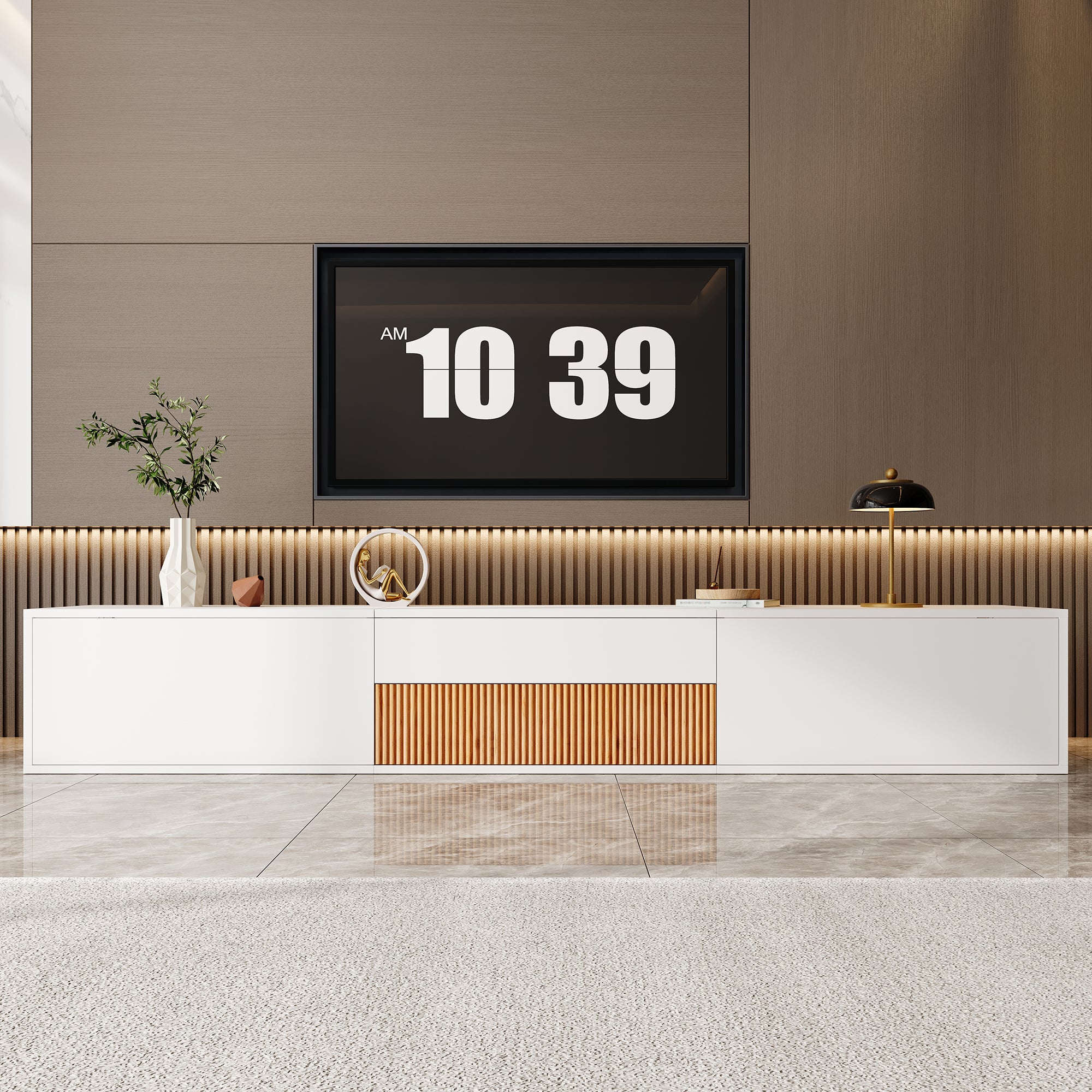 Nowoczesne meble TV 180x34x30 cm - Montaż ścienny/na nogach - 3 drzwi - Wysuwane półki - Płyta wiórowa - Biały i naturalny