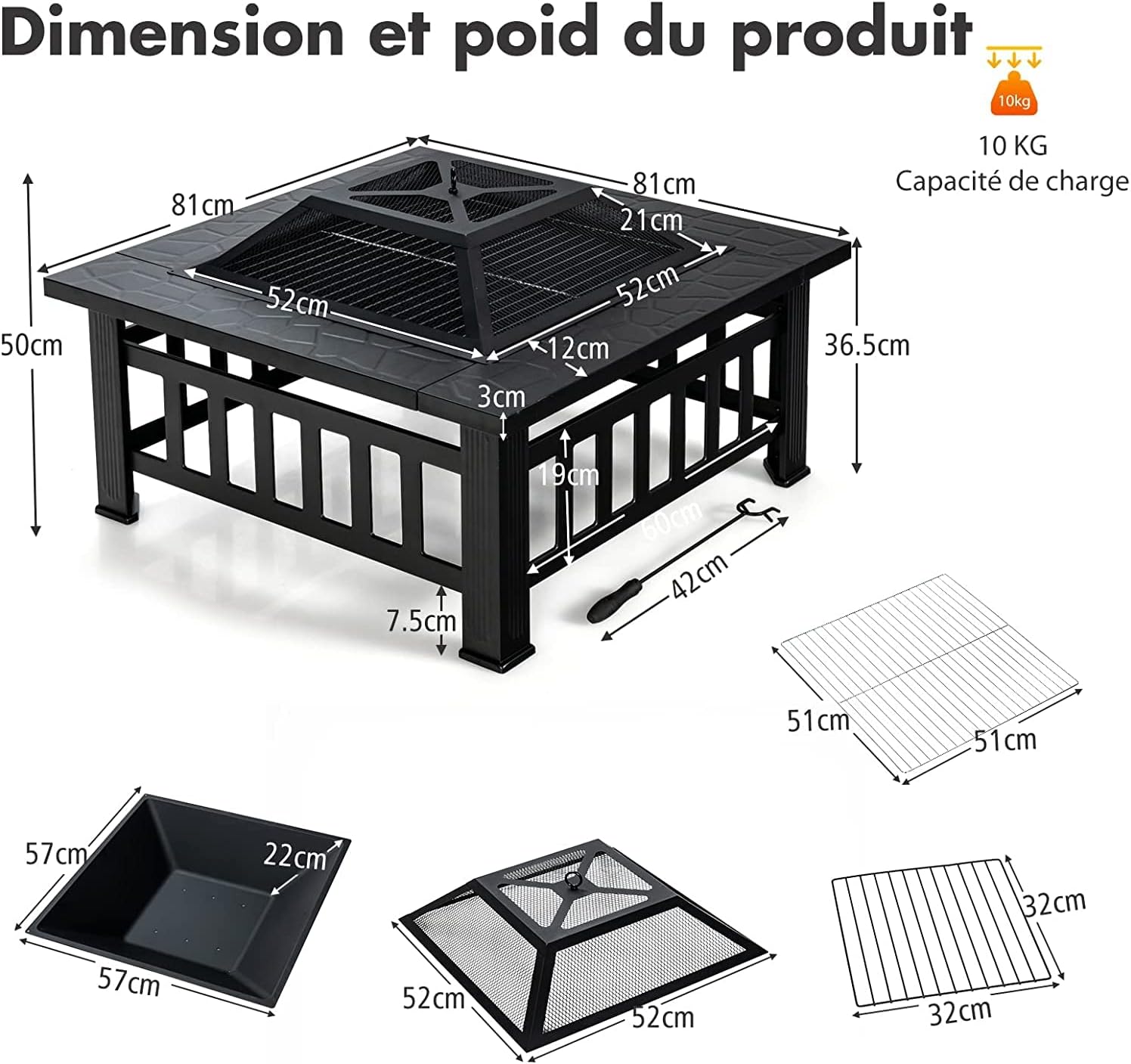 Brasero de Jardin Carre en Fer,Table de Foyer Maille et Couvercle Pare-etincelles avec Tisonnier Long,81x81x50cm - 6