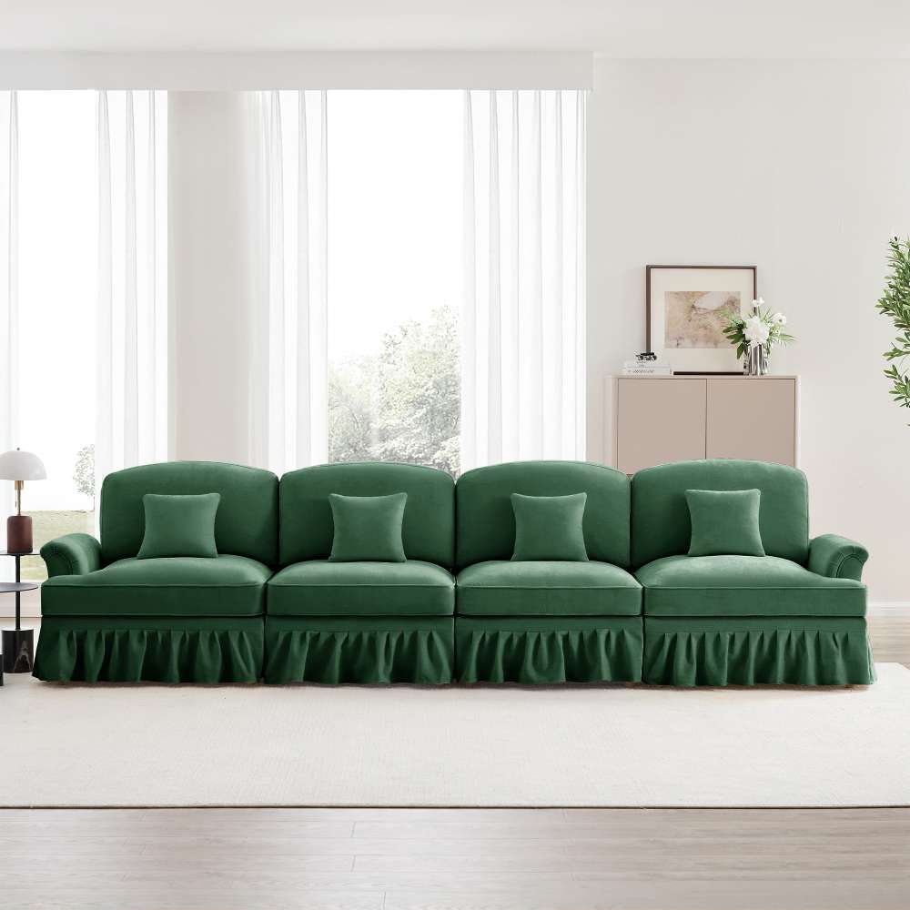 Sofa 4-osobowa w stylu Mid-Century z aksamitu, ze zwężanymi podłokietnikami, odpinanym fartuchem i nogami wrzecionowymi – wygodna do salonu