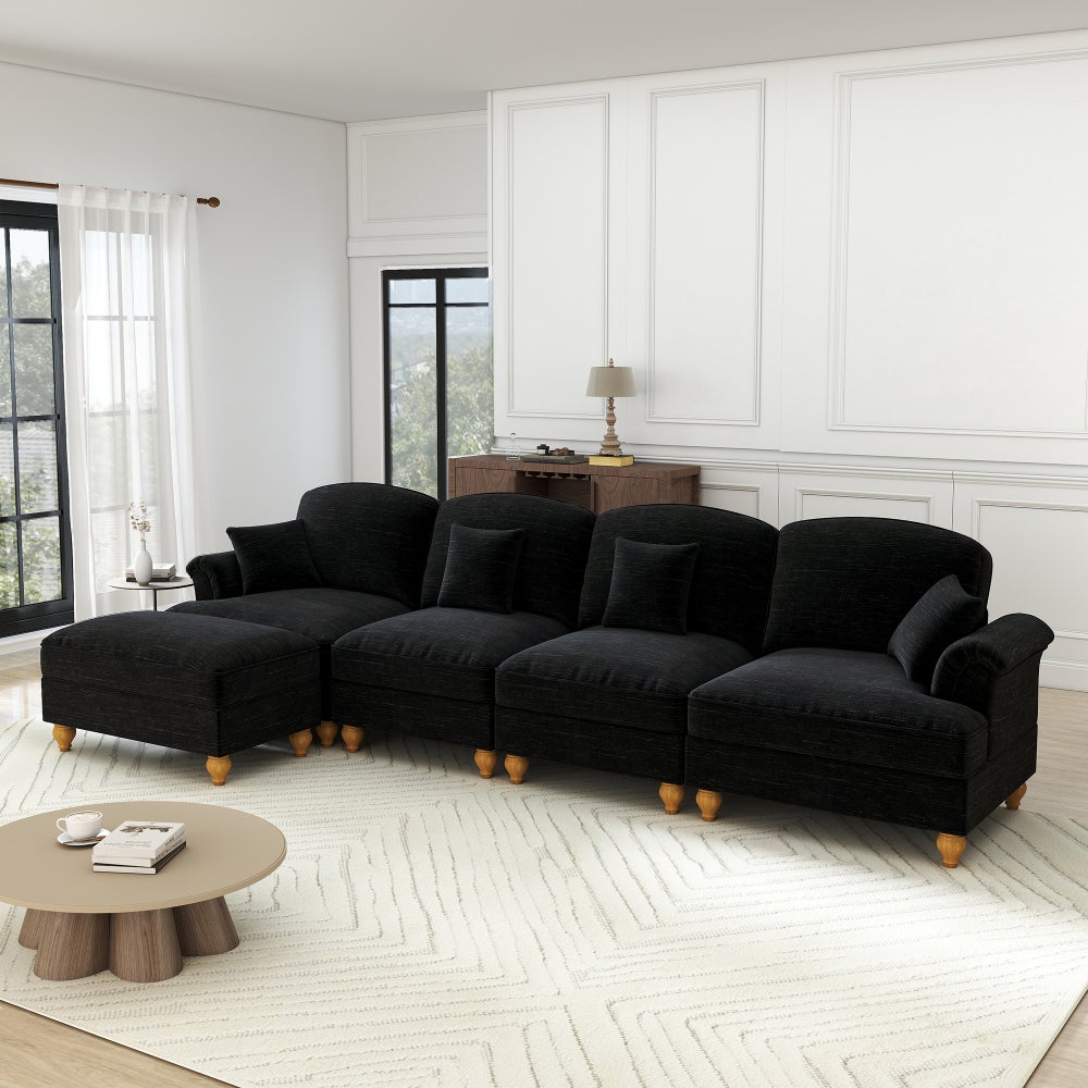 Sofa modułowa, w kształcie litery L, 4-osobowa, szenilowa, głęboka, z pufem, czarna