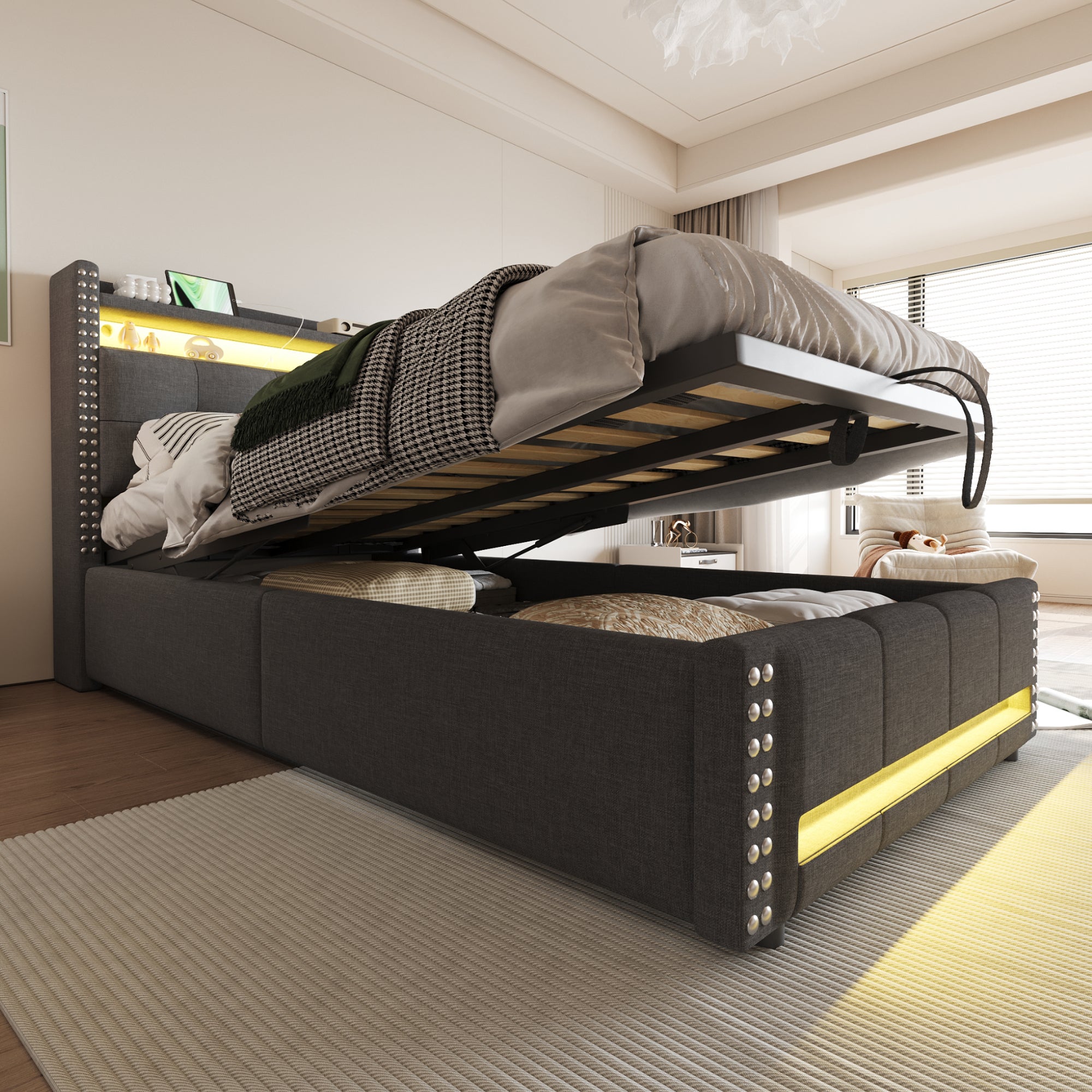 Łóżko 90 x 200 cm ze schowkiem, zagłówkiem i półką do przechowywania - diody LED i port USB - tkanina lniana - szare (bez materaca)