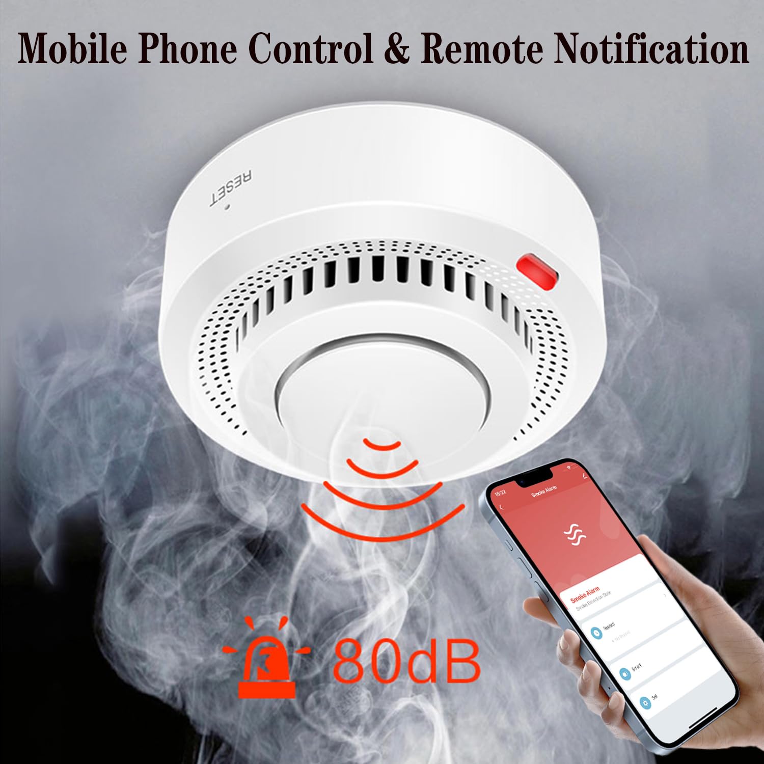Détecteur de fumée intelligent Wi-Fi, alarme incendie, alarme de fumée sans fil domestique avec notification par application (batterie non incluse) - 3