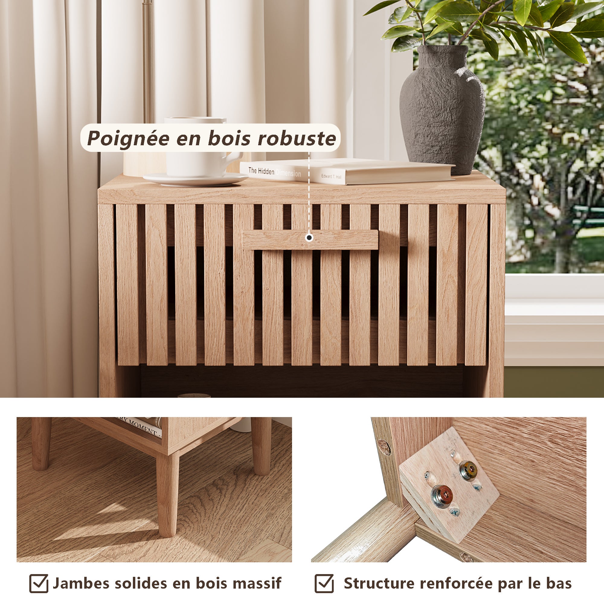 Table de Chevet Lot de 2, Table de Nuit avec 1 Tiroir, Chevet de Lit pour adulte et enfant, Table d'appoint pour Chambre, Salon, 40x35x55cm, Naturel - 6