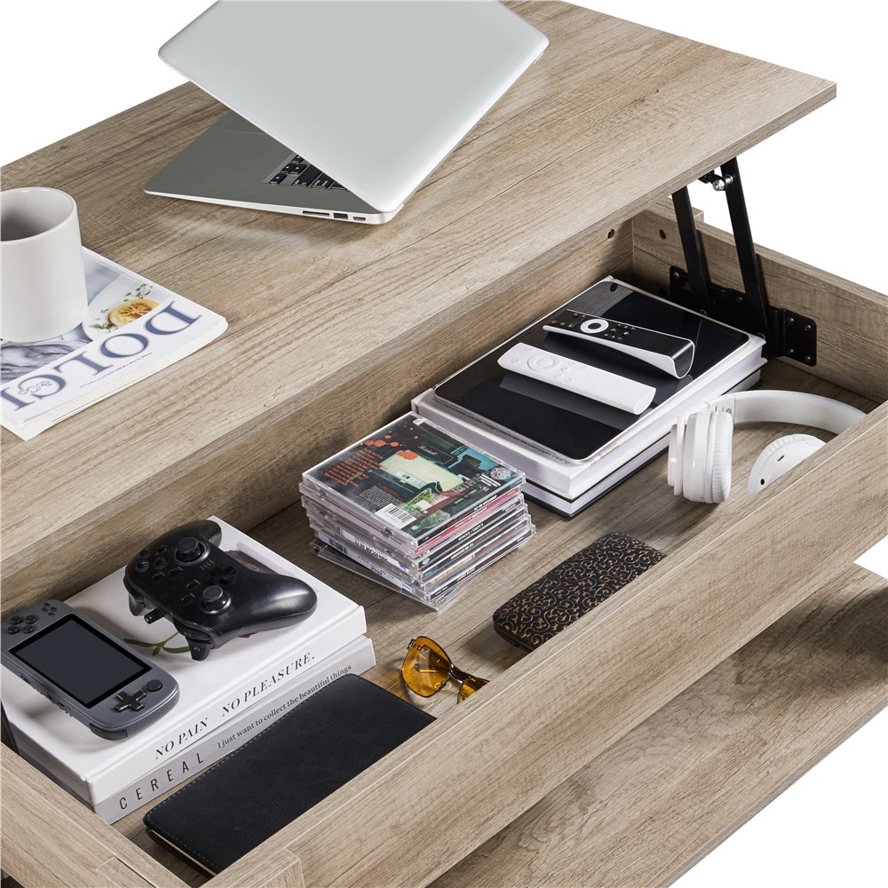 Table Basse Moderne à Plateau Relevable en Bois MDF avec Compartiment Caché et Rangement, Gris Yaheetech - 5