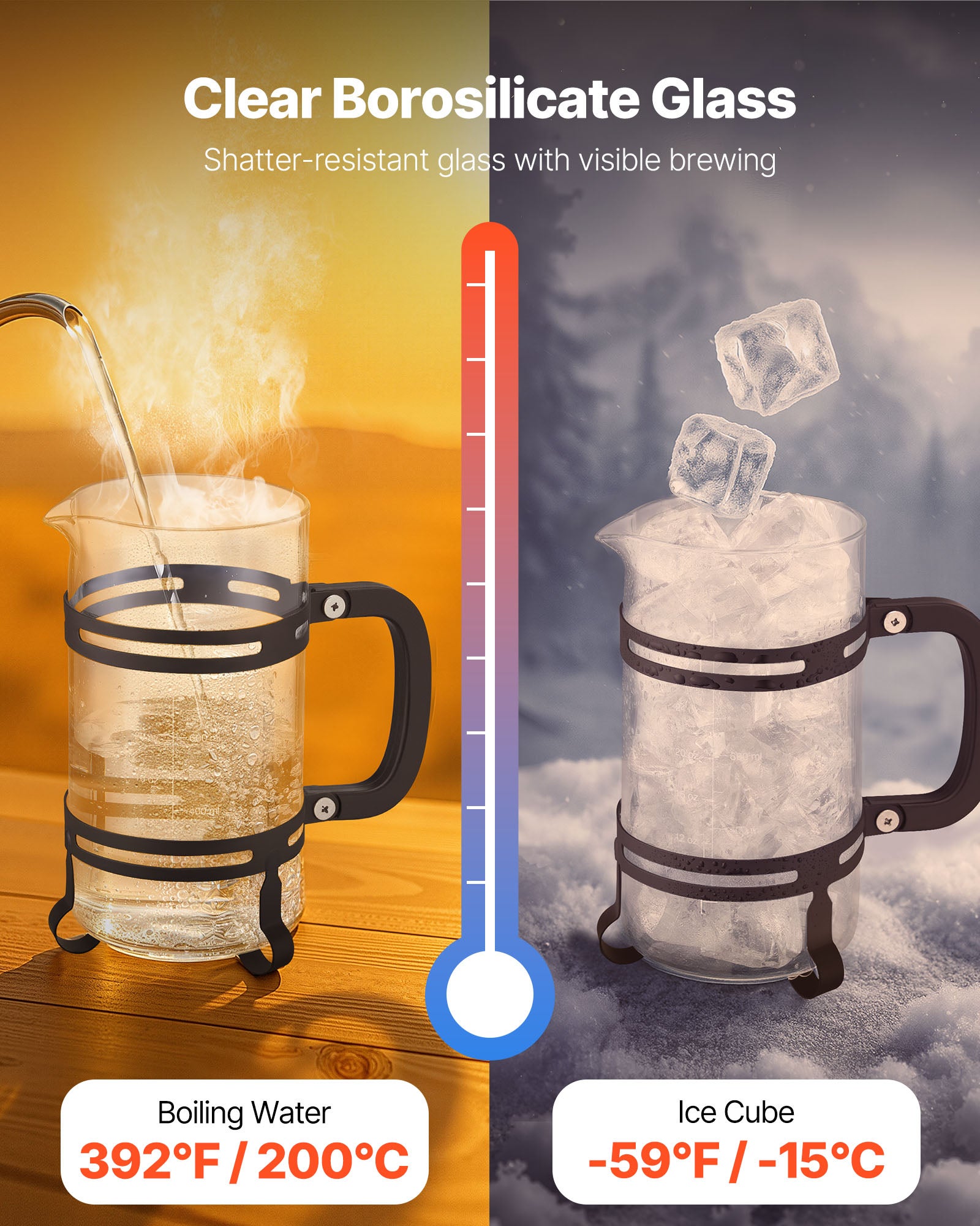 Cafetière à Piston VEVOR – 1 Litre En Verre Borosilicaté – Filtre En Inox – Idéale Pour Café, Thé Et Infusion à Froid – Maison, Camping, Voyage - 2