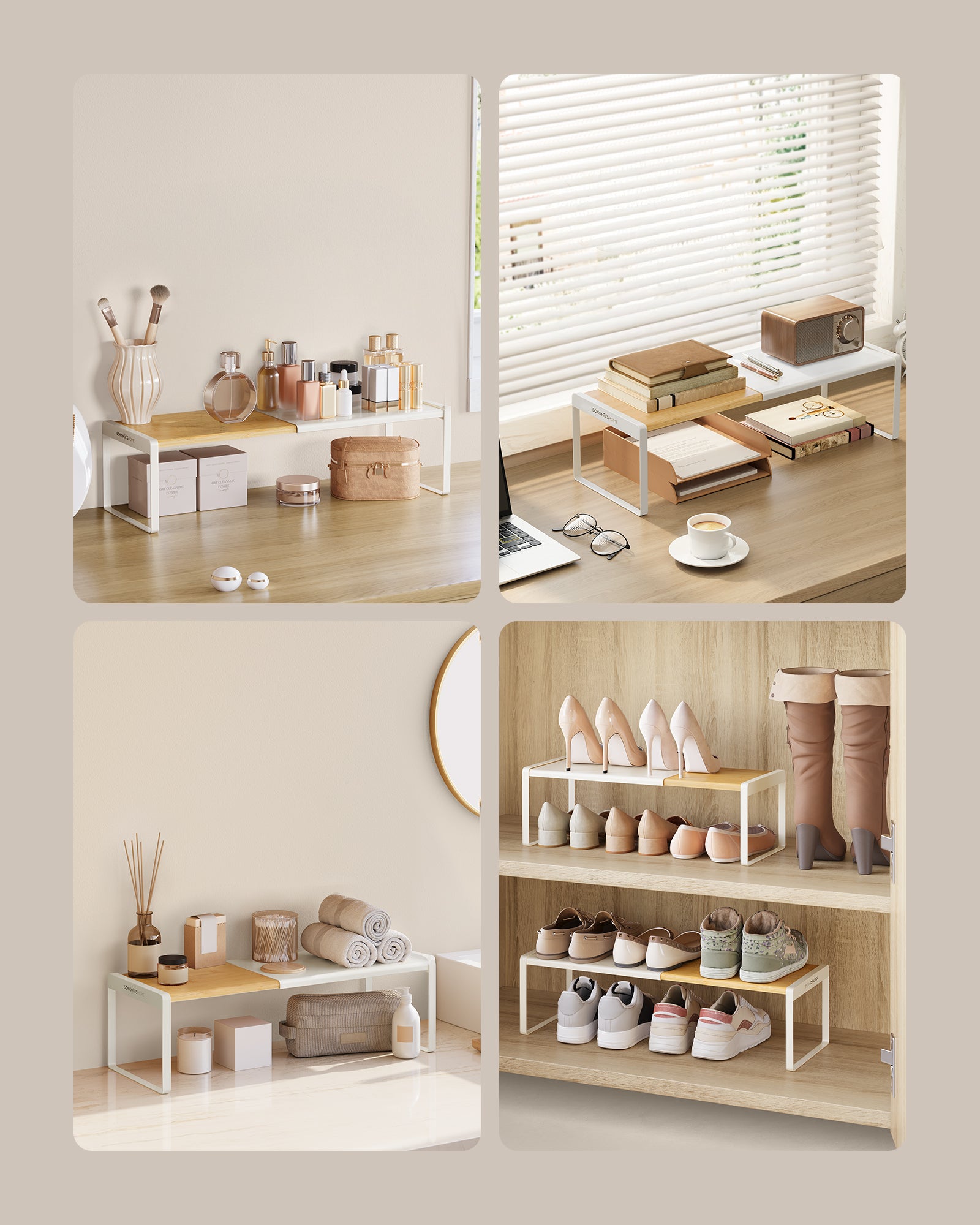 Estante organizador de cocina extensible, apilable, para armario o encimera, bambú claro y blanco - 5