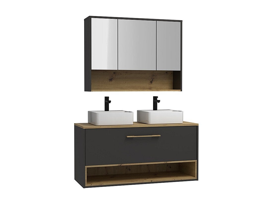 Szafka łazienkowa wisząca w kolorze antracytowym, z podwójną umywalką i dodatkową szafką ścienną – 120 cm – YANGRA