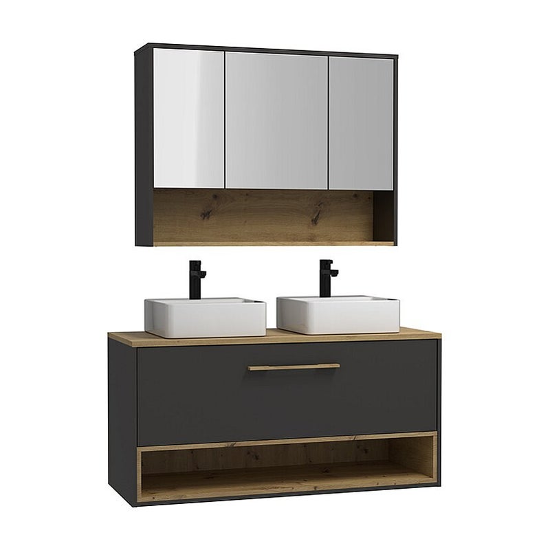 Szafka łazienkowa wisząca w kolorze antracytowym, z podwójną umywalką i dodatkową szafką ścienną – 120 cm – YANGRA