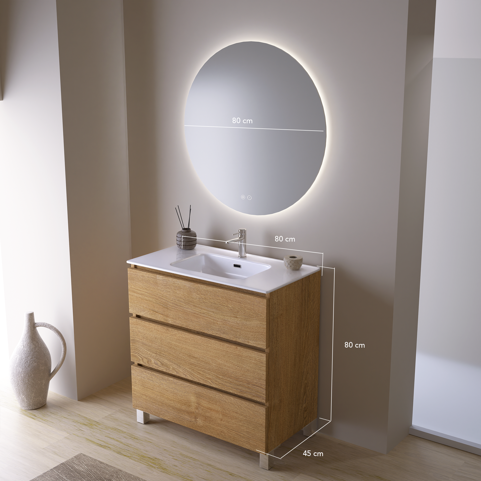 Feel Your Bath, Meuble De Salle De Bain JAGUAR Marron 80 cm, 3 Tiroirs, Vasque Céramique Intégrée Et Miroir Rond LED Antibuée - 3