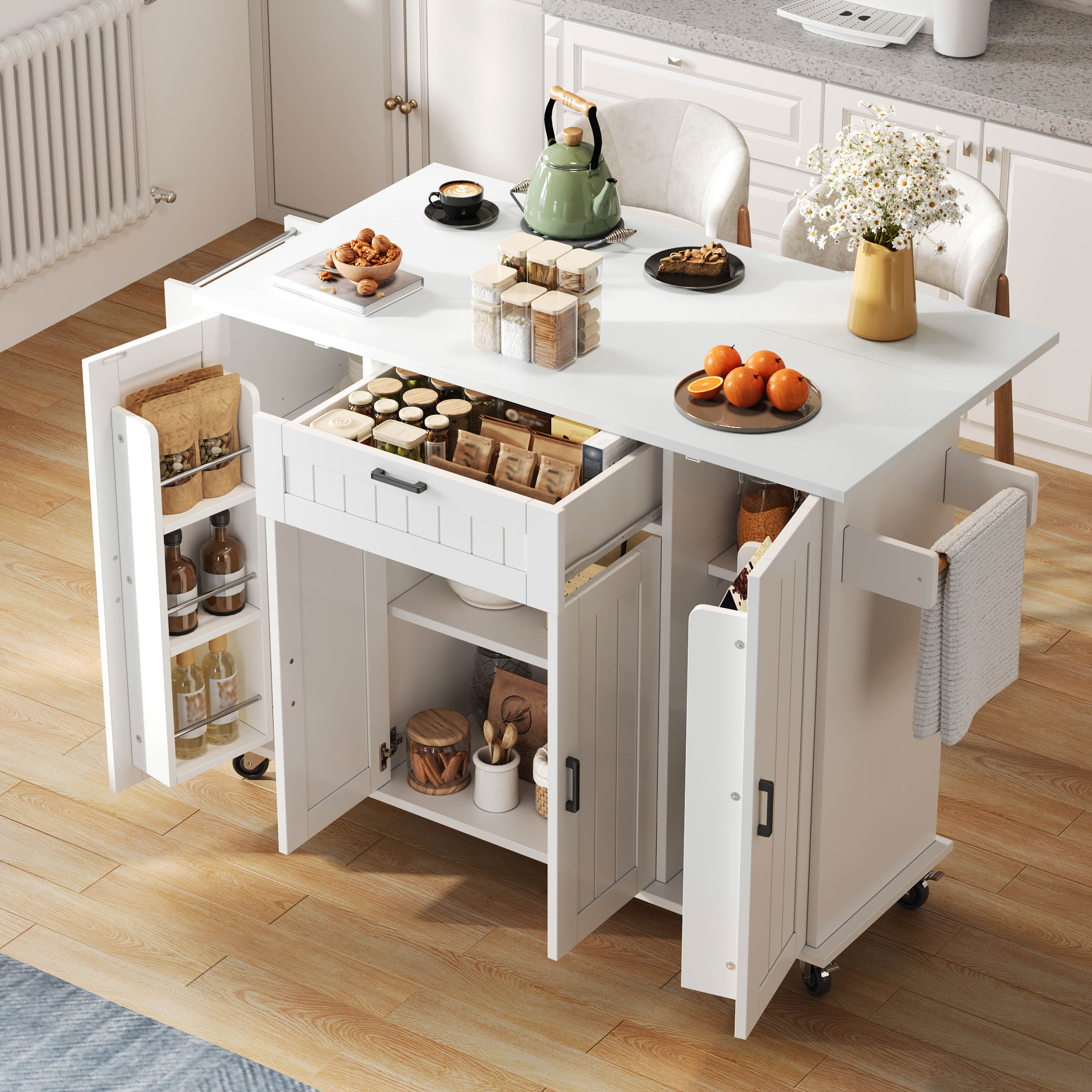 Ilot central de cuisine mobile - plateau extensible - avec porte ...