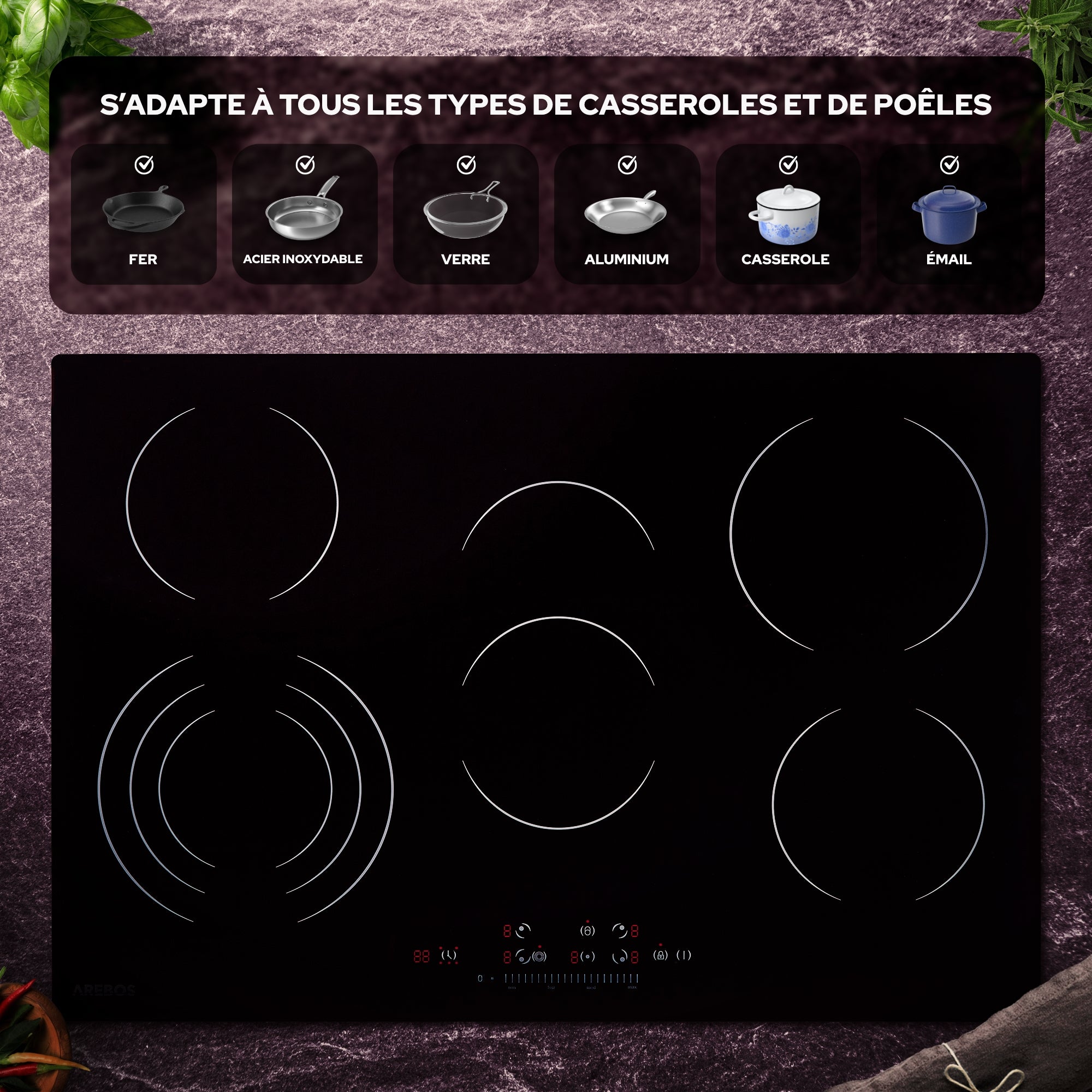 AREBOS Table de cuisson vitrocéramique encastrable 5 zones – 8700W avec minuterie & sécurité enfants - 7