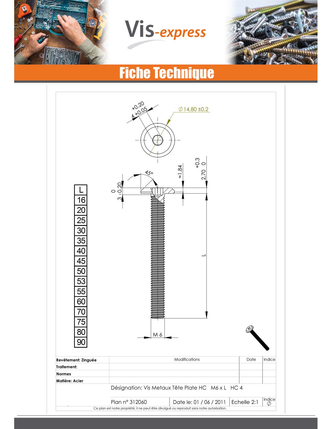 Vis métaux tête plate Clé de 4 HC4 M6X45 Acier zingué noir-10 pièces - 5
