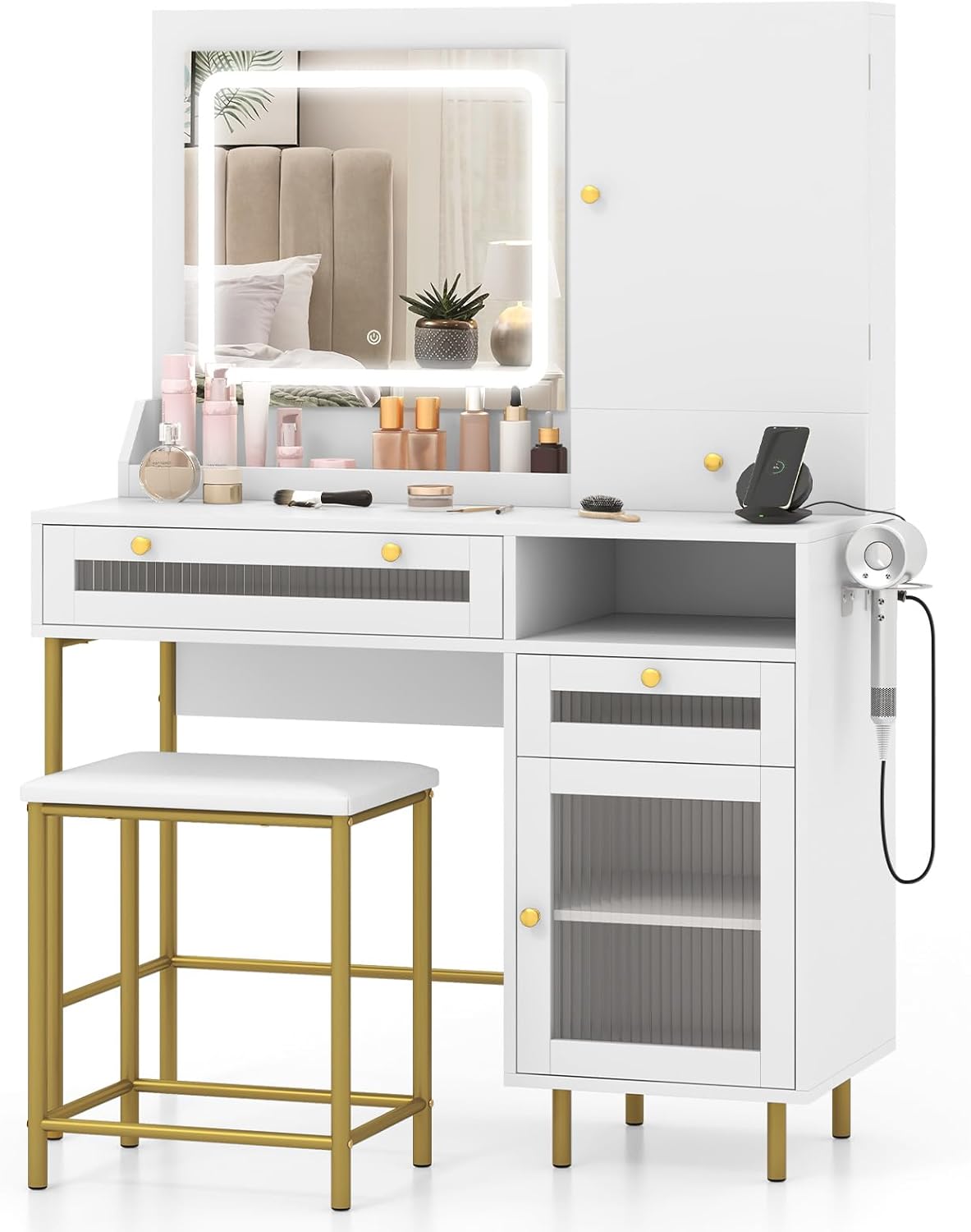 ALEXNUTRE Scrivania Da Trucco Hollywood Con Specchio Luminoso A LED – 5 Cassetti, Presa USB, 3 Tonalità Di Luce, Bianco E Oro - 2