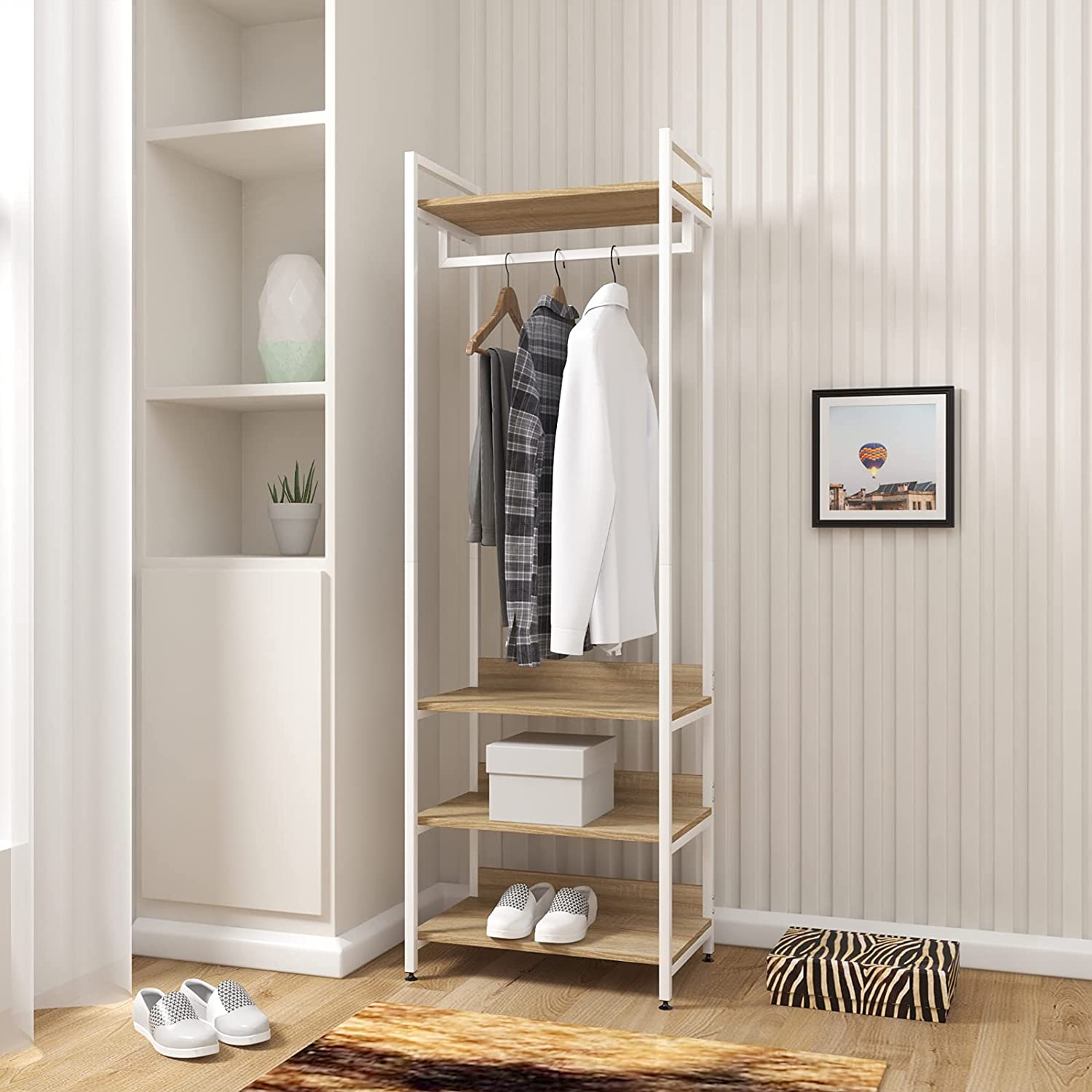 WOLTU Porte-Manteau,avec un Tringle et 4 Étagères en Bois et Acier,Penderie Ouverte,Chêne clair+Blanche,60x40x170cm - 3