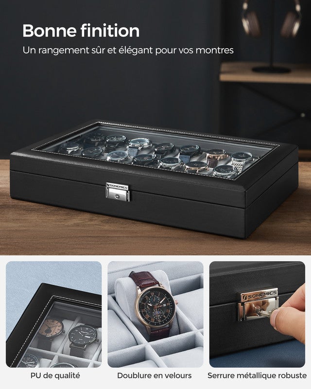 Boîte à Montres, Verrouillable, Écrin, Organisateur, avec 16 Compartiments, Couvercle en Verre, PU, Doublure en Gris et Surface en Noir d'Encre - 5