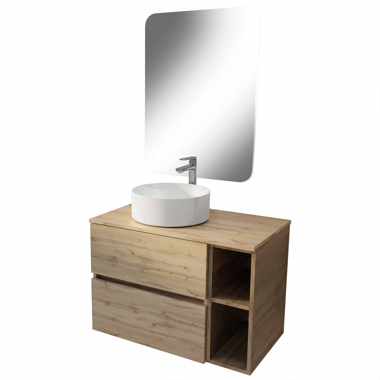 Meuble salle de bains 80 TIMBER Décor Chêne Tiroirs + Module - Vasque Blanche - Miroir 60x80 - 3