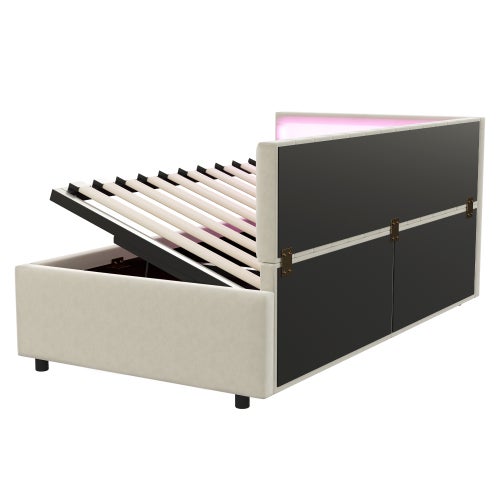 Canapé-lit 90 x 200 cm avec LED, espace de rangement, sommier à lattes, en velours, beige, sans matelas - 8