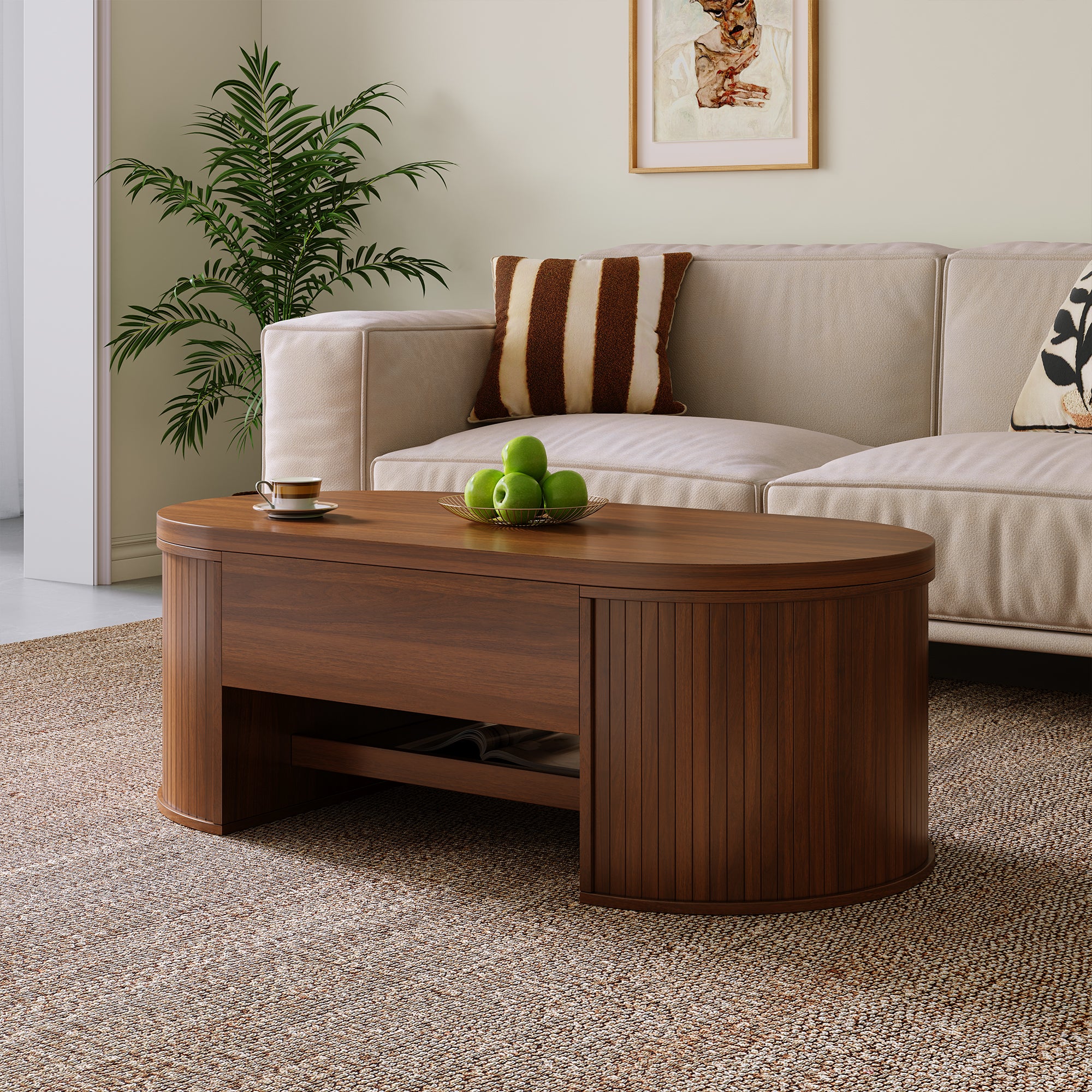 Tavolino da caffè sollevabile con 1 cassetto ovale - 110 x 55,5 x 55 cm - MDF - Per soggiorno - Marrone - 3