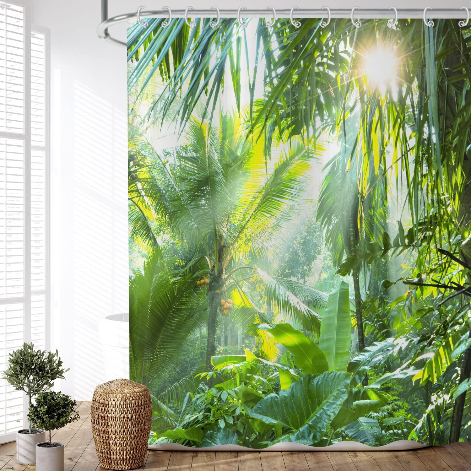 Zasłona prysznicowa Forest 180x180 cm, Naturalny krajobraz, Zielony las, słońce, wodoodporna, tekstylna, zmywalna, z 12 haczykami