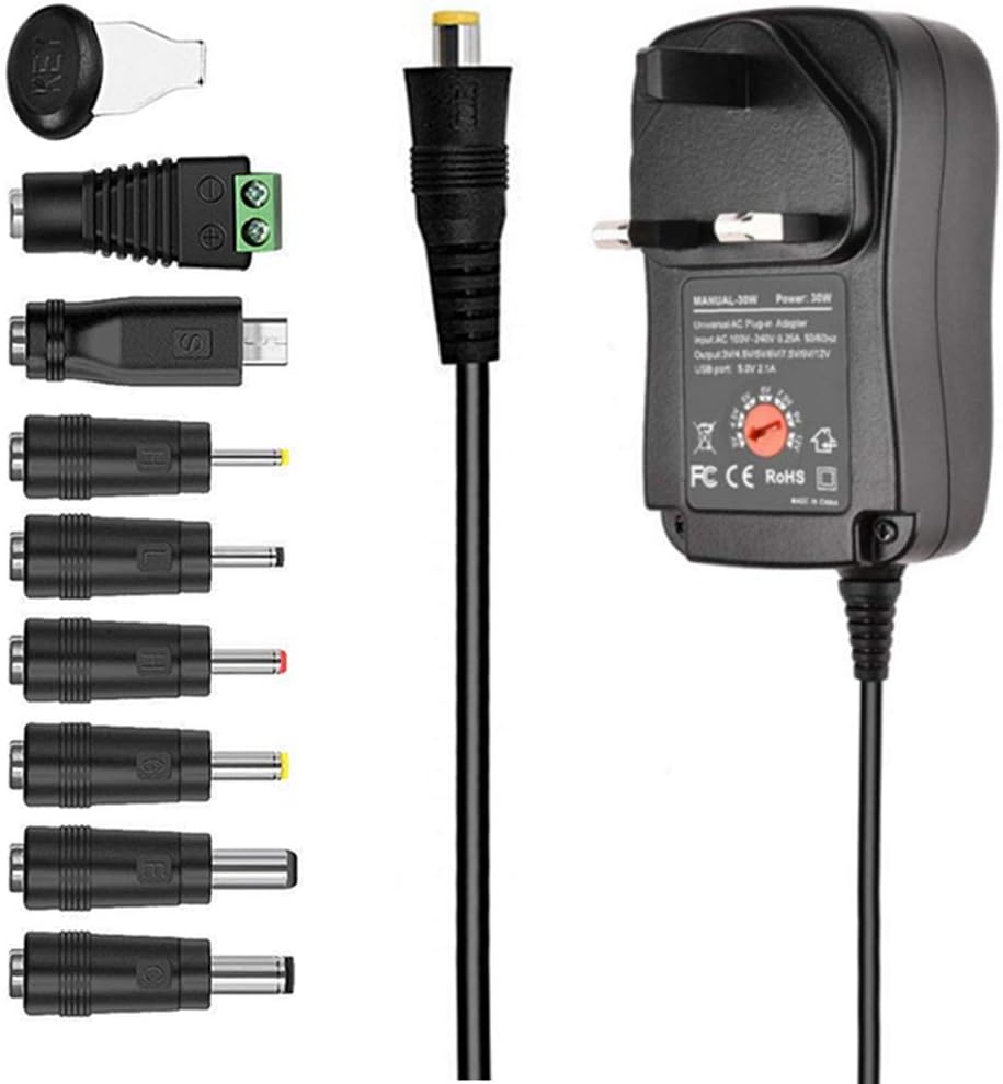 Uniwersalny zasilacz sieciowy 30W – 100-240V na 3-12V, 8 końcówek w zestawie, z portem USB, do różnych urządzeń