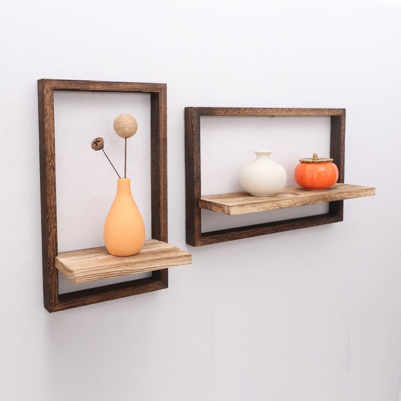 Zestaw 2 drewnianych półek ściennych, przegrody na ramki na zdjęcia, wiszące półki, dekoracyjny regał, brązowy