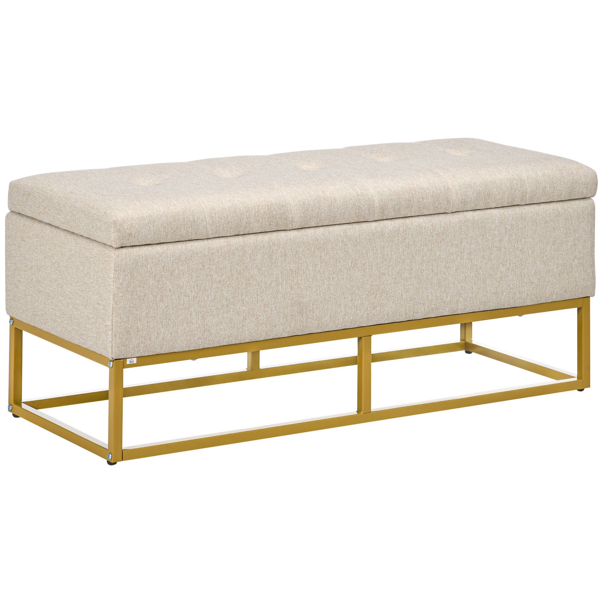 Banqueta con almacenamiento banco rectangular tapizado en lino con tapa abatible y patas de acero 110x44x48 cm beige
