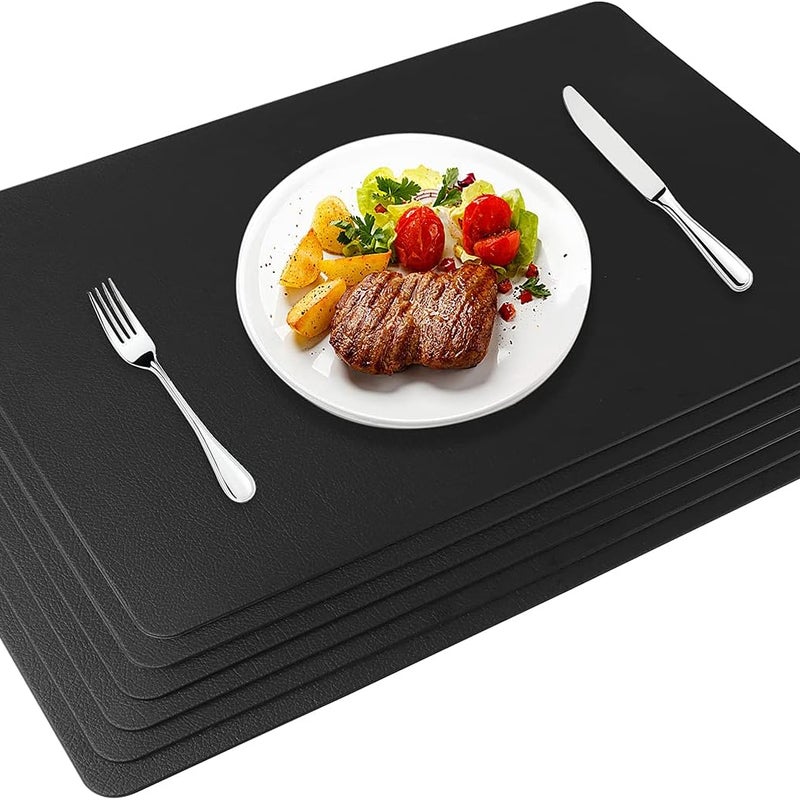 Zestaw 6 podkładek ze skóry PU (45×30 cm) Czarne, zmywalne, antypoślizgowe, wodoodporne, odporne na ciepło, odpowiednie do stołów kuchennych i restaur