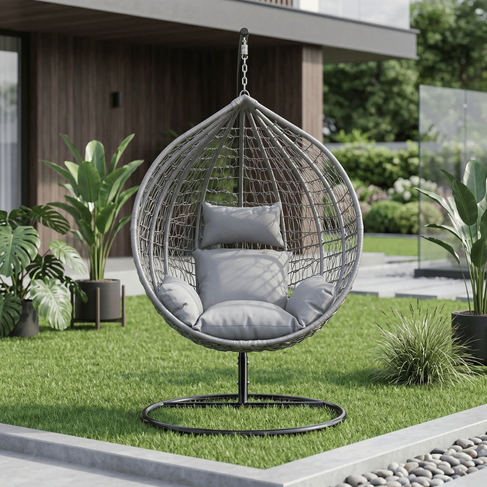 Fotel wiszący kokon ogrodowy ze stelażem poduszki szary FUNFIT GARDEN - 2