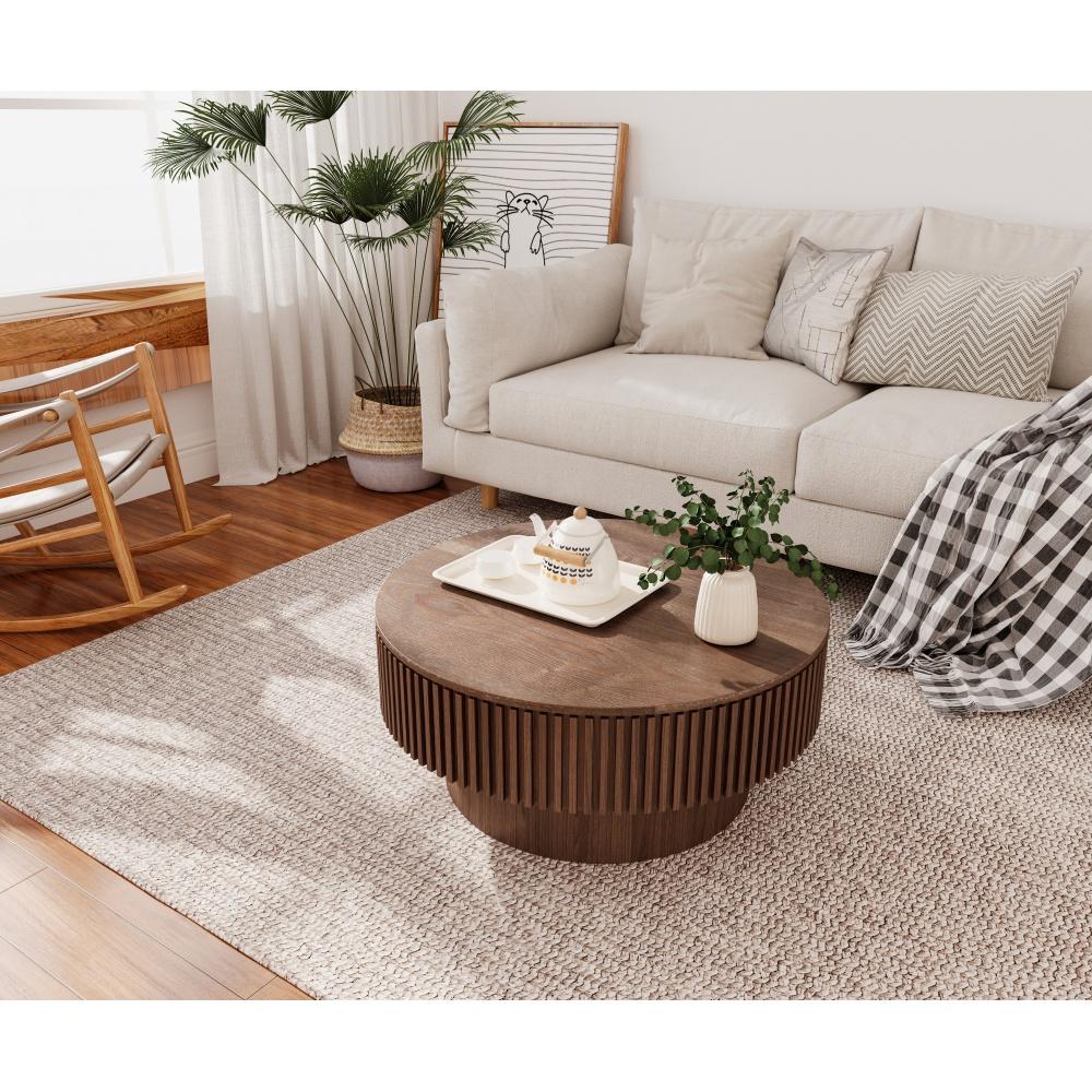 Table basse ronde 75 cm avec rangement, plateau en bois massif plaqué, design moderne et fonctionnel pour salon, chambre ou bureau - 7