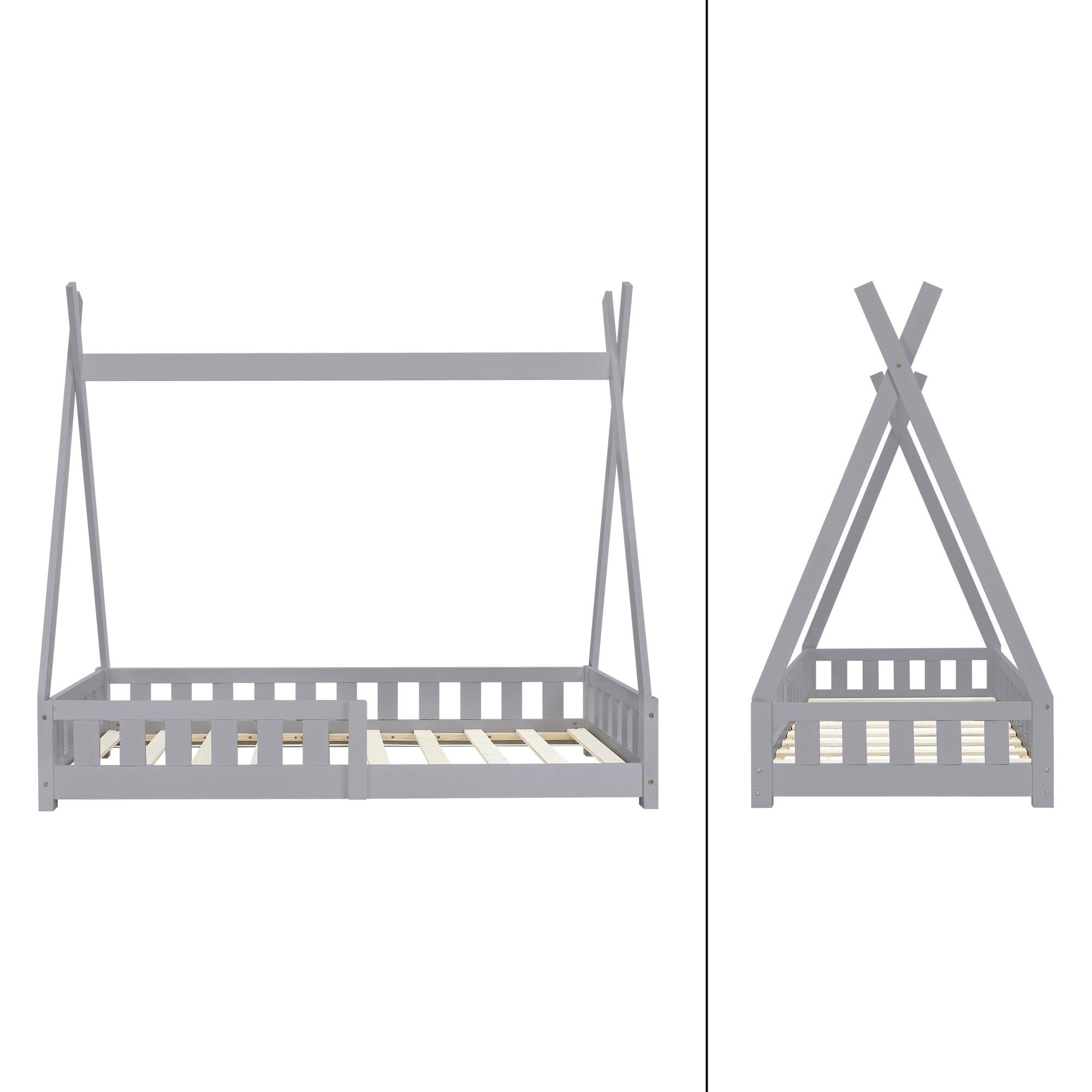 Lettino tepee per bambini 80x 160 cm con sponde, rete a doghe, letto tenda indiana da gioco in legno di pino massiccio grigio per cameretta bimbi - 2