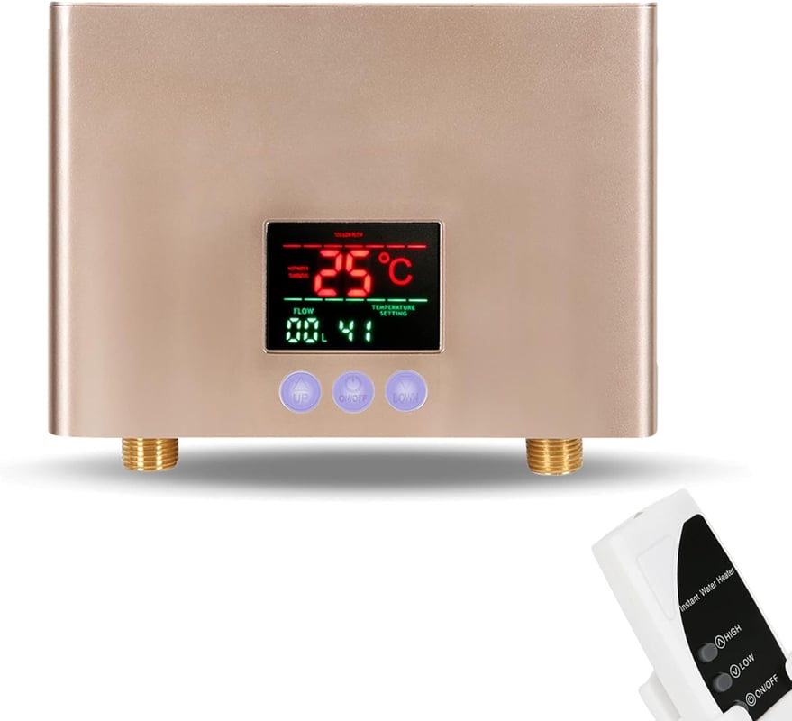 Miniaturowy podgrzewacz wody przepływowy 3000 W, system ogrzewania pod zlewem o stałej temperaturze, z pilotem (złoty)