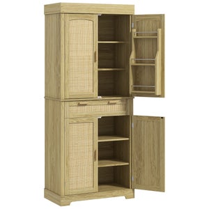 Credenza Cucina HOMCOM Stile Boho - In Legno E Rattan, Con 2 Armadietti, Cassetto E Portaspezie, 76x40x183 Cm