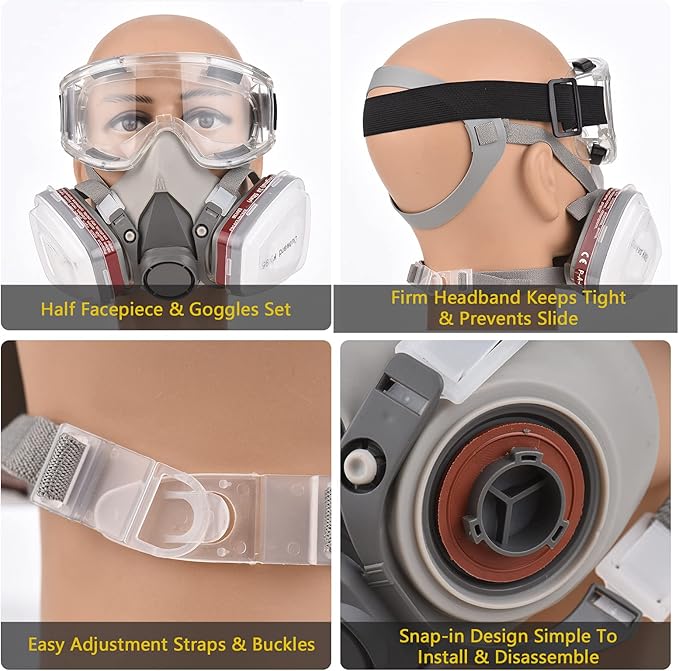 Masque de protection respiratoire 6200 - Ensemble demi-masque avec lunettes et filtre - Réutilisable - Protection contre la poussière et les gaz - 4