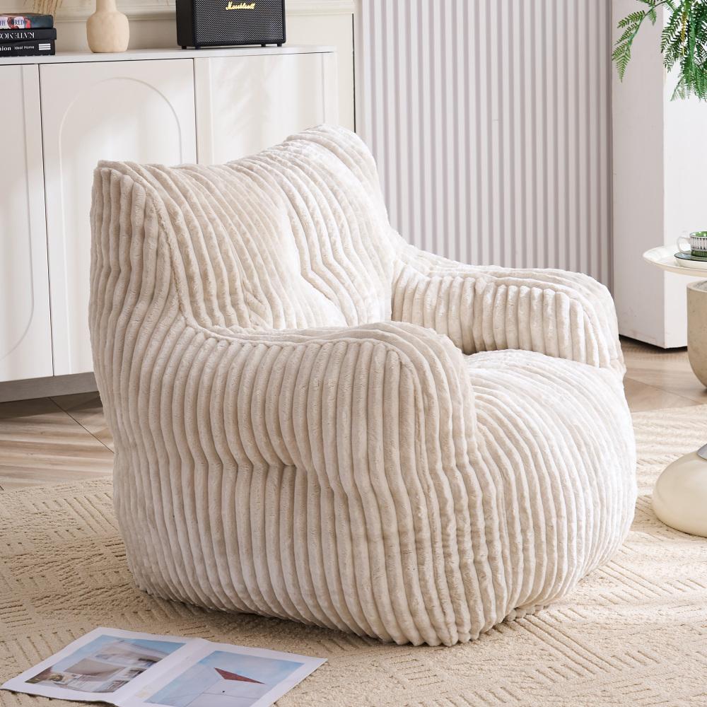 Fauteuil poire beige en velours côtelé, rembourrage mousse, chaise lounge confortable, tissu doux, siège salon chambre, design moderne - 7